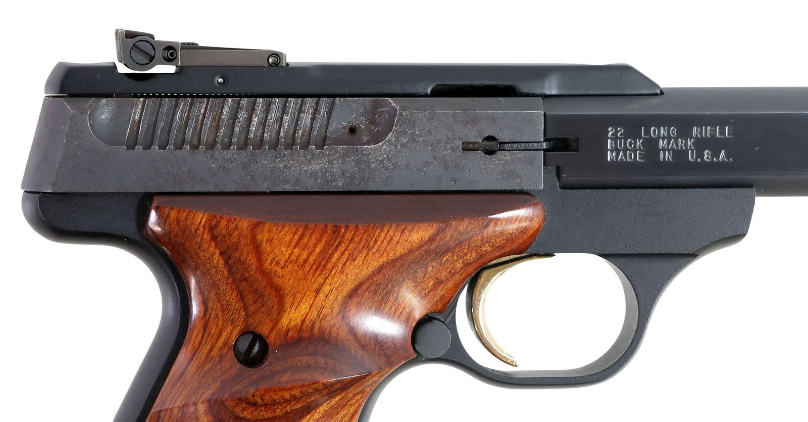BROWNING BUCK MARK PISTOL, .22LR CALIBER: Browning Buck Mark Pistol, mfg.1994, 22LR caliber, 5.5" barrel, ramp/blade front sight, adjustable notched rear sight, gilt trigger, left side safety, detachable 10 round magazine with spare, simulate