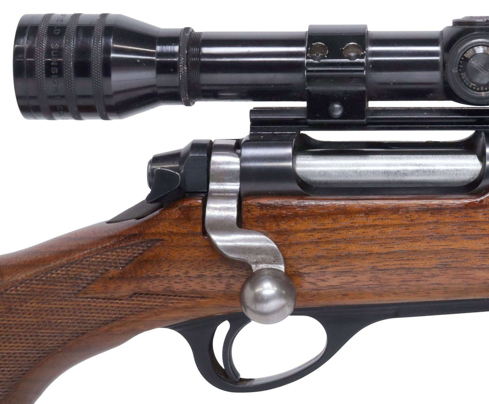 REMINGTON MODEL 600 RIFLE, 6MM REM CALIBER, SCOPE: Remington Model 600 Rifle, bolt action, 6mm Rem caliber, mfg.1966, 18.5" barrel, de-sighted and filled screw holes, mounted Redfield 4X 1" tube scope, silver tone bolt, internal 3 round magazine, righ