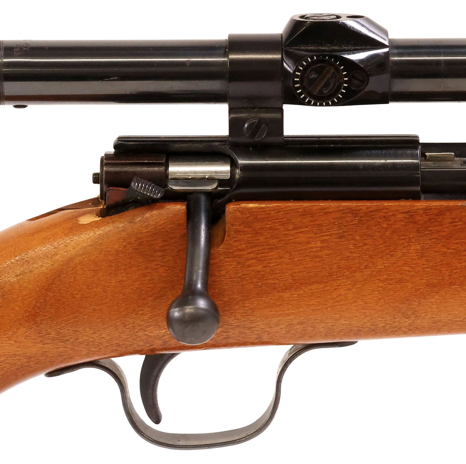 SEARS MODEL 2T (BY WINCHESTER) RIFLE, .22S.L,LR CAL, SCOPE: Sears Model 2T Rifle (by Winchester, M141), bolt action, .22S,L,LR caliber, 20" barrel, blade front sight, adjustable rear sight, mounted Sears 4X scope, hardwood stock, loading port at butt plate, sm