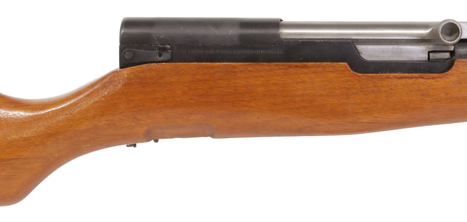 NORINCO TYPE 56 SKS PARATROOPER MODEL, PARTIAL RIFLE ONLY: Chinese Norinco SKS Type 56 Upper rifle only, 7.62 x 39 caliber, 16.5" barrel, hooded front sight, wood handguard, adjustable rear sight to 1000 meters, silver tone bolt marked 1010, markings at the l