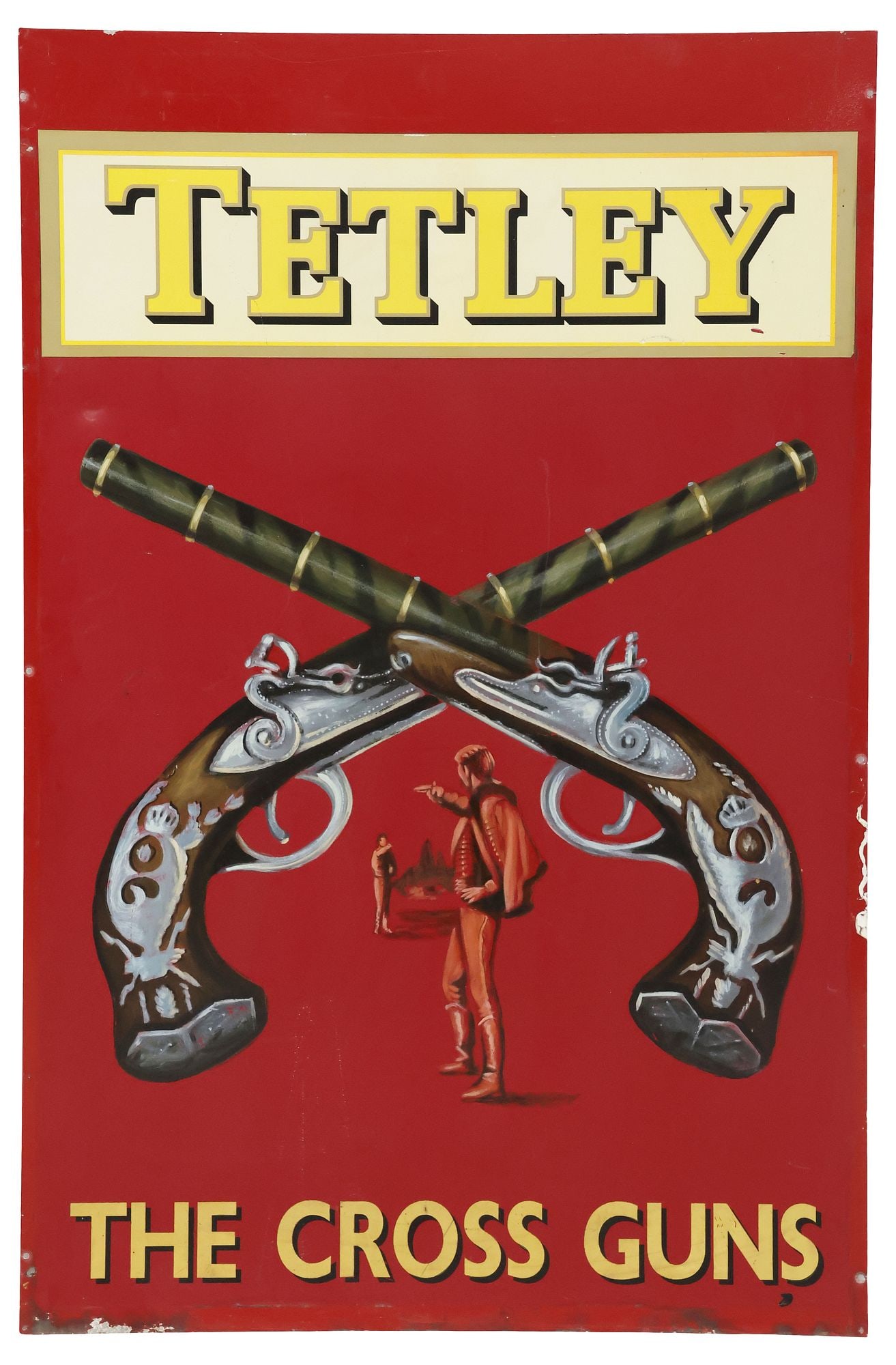LARGE ENGLISH PAINTED METAL PUB SIGN, THE CROSS GUNS, TETLEY: Decorative English painted metal pub advertising sign, The Cross Guns, Tetley, depicting two crossed pistols, framing a duel scene, approx 37.75"h, 31.25"w **Note: one of a pair offered in this auctio