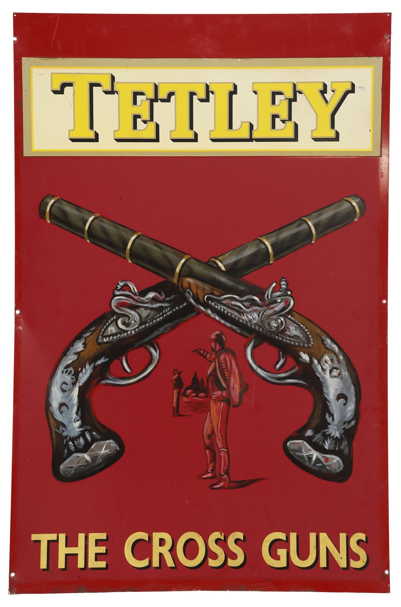 LARGE ENGLISH PAINTED METAL PUB SIGN, THE CROSS GUNS, TETLEY: Decorative English painted metal pub advertising sign, The Cross Guns, Tetley, depicting two crossed pistols, framing a duel scene, approx 37.75"h, 31.25"w **Note: one of a pair offered in this auctio