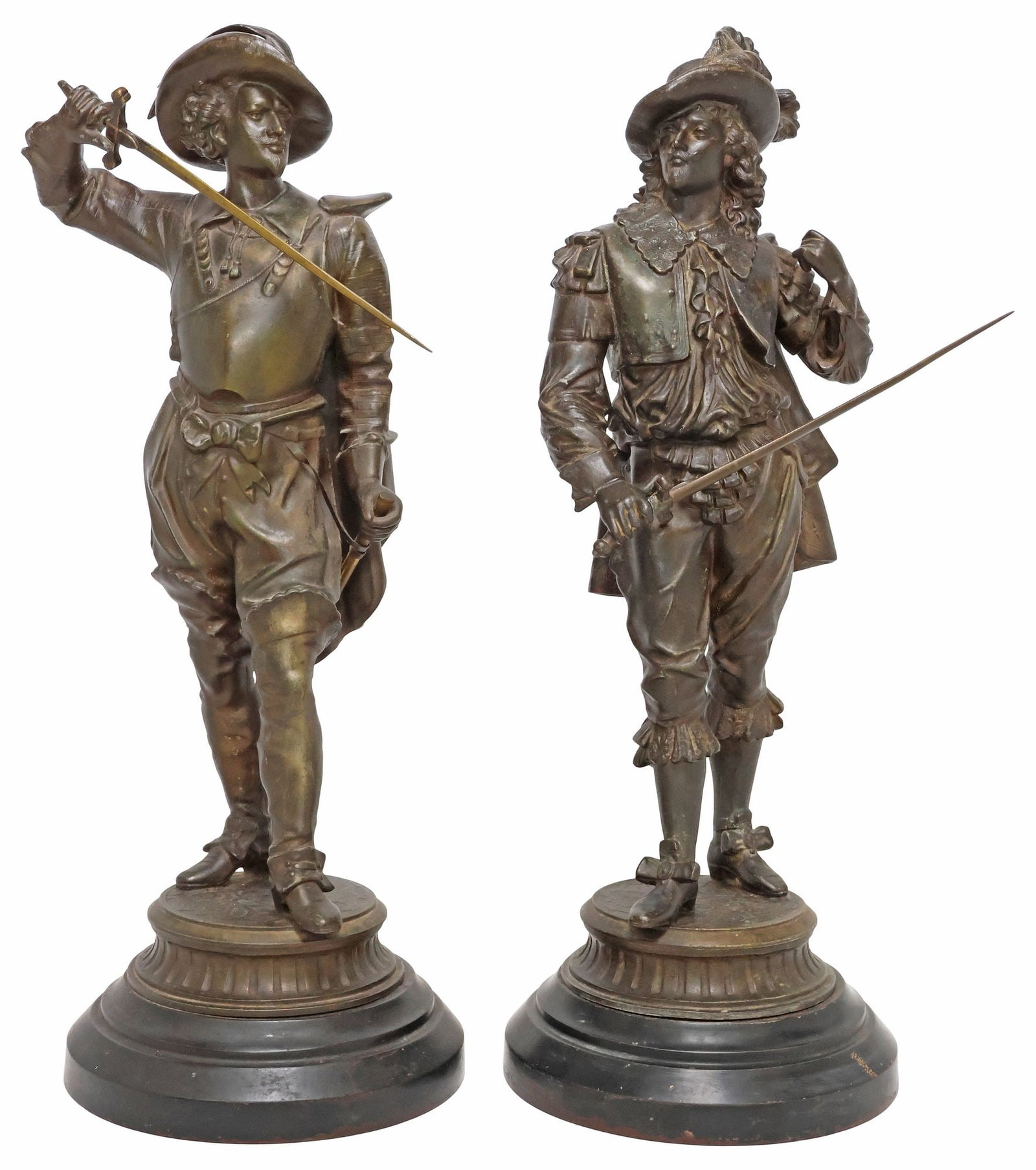 (2) AFTER PHILIPPE POITEVIN (D.1907) SPELTER FIGURES, DON JUAN & DON CESAR: (lot of 2) Patinated spelter sculptures, Don Juan and Don Cesar, after Philippe Poitevin (French, 1831-1907), modeled as the literary and historical Spanish cavaliers, each raised on integral socle, a