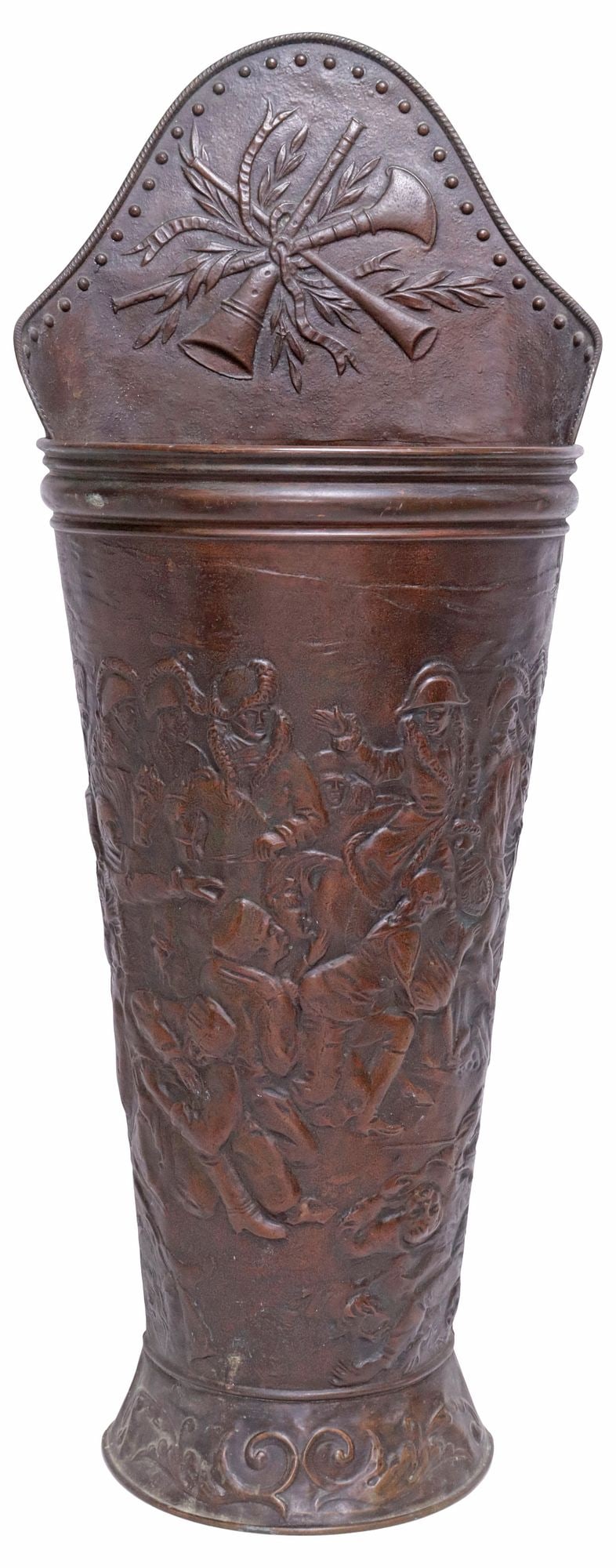 FRENCH COPPER UMBRELLA STAND W/ REPOUSSE NAPOLEONIC SCENE: French copper umbrella/ stick stand, with repousse Napoleonic scene, depicting overlapping figures and horses, with crossed instruments and foliate crest, approx 29.25"h, 11.5"w, 8"d, 6.75lbs