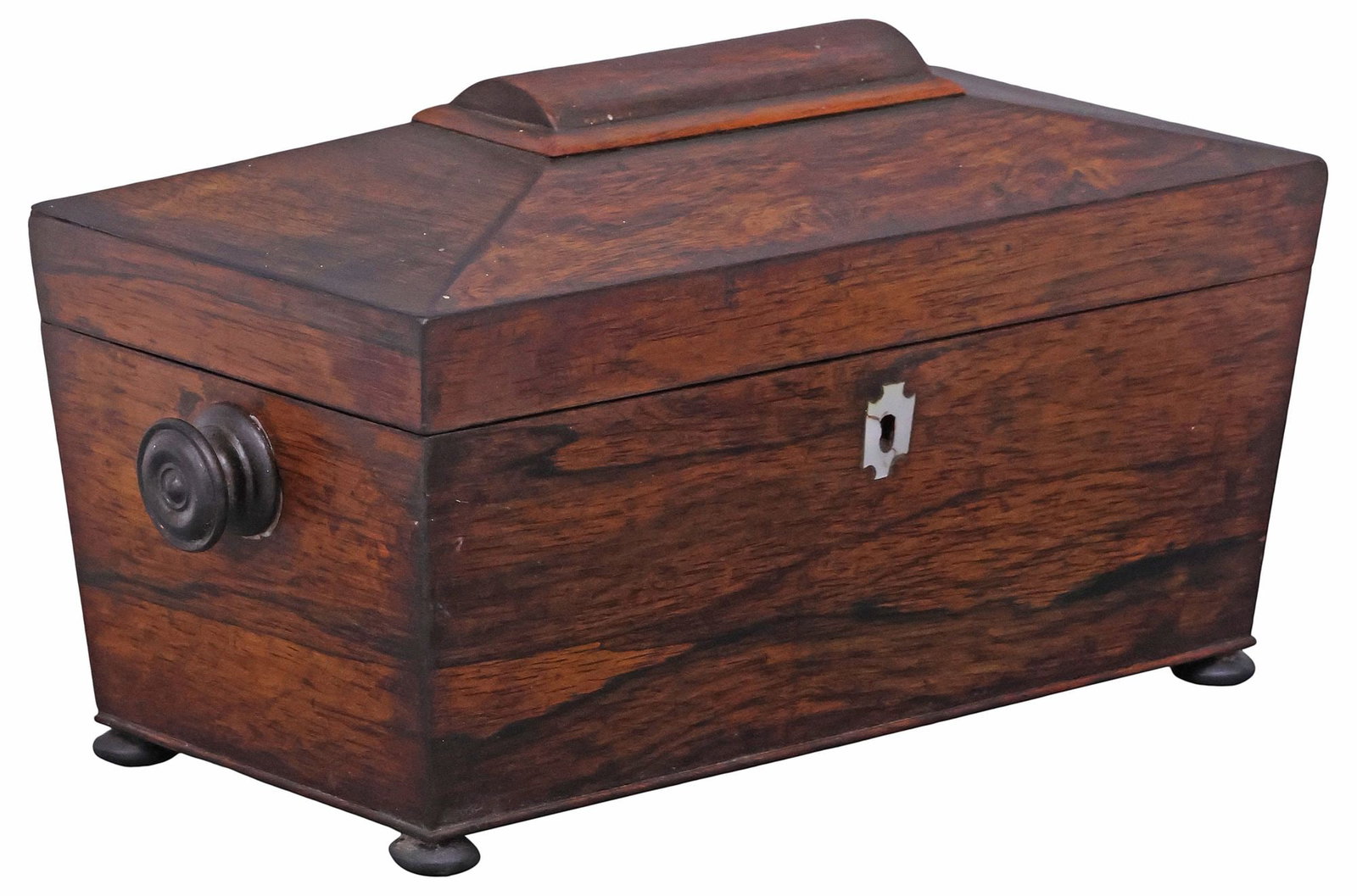 LARGE ENGLISH REGENCY PERIOD ROSEWOOD TEA CADDY: English Regency period rosewood tea caddy, early 19th c., the case of sarcophagus form, opening to two removable tea canisters, both with foil remnants, and central open mixing well, in a worn purple 