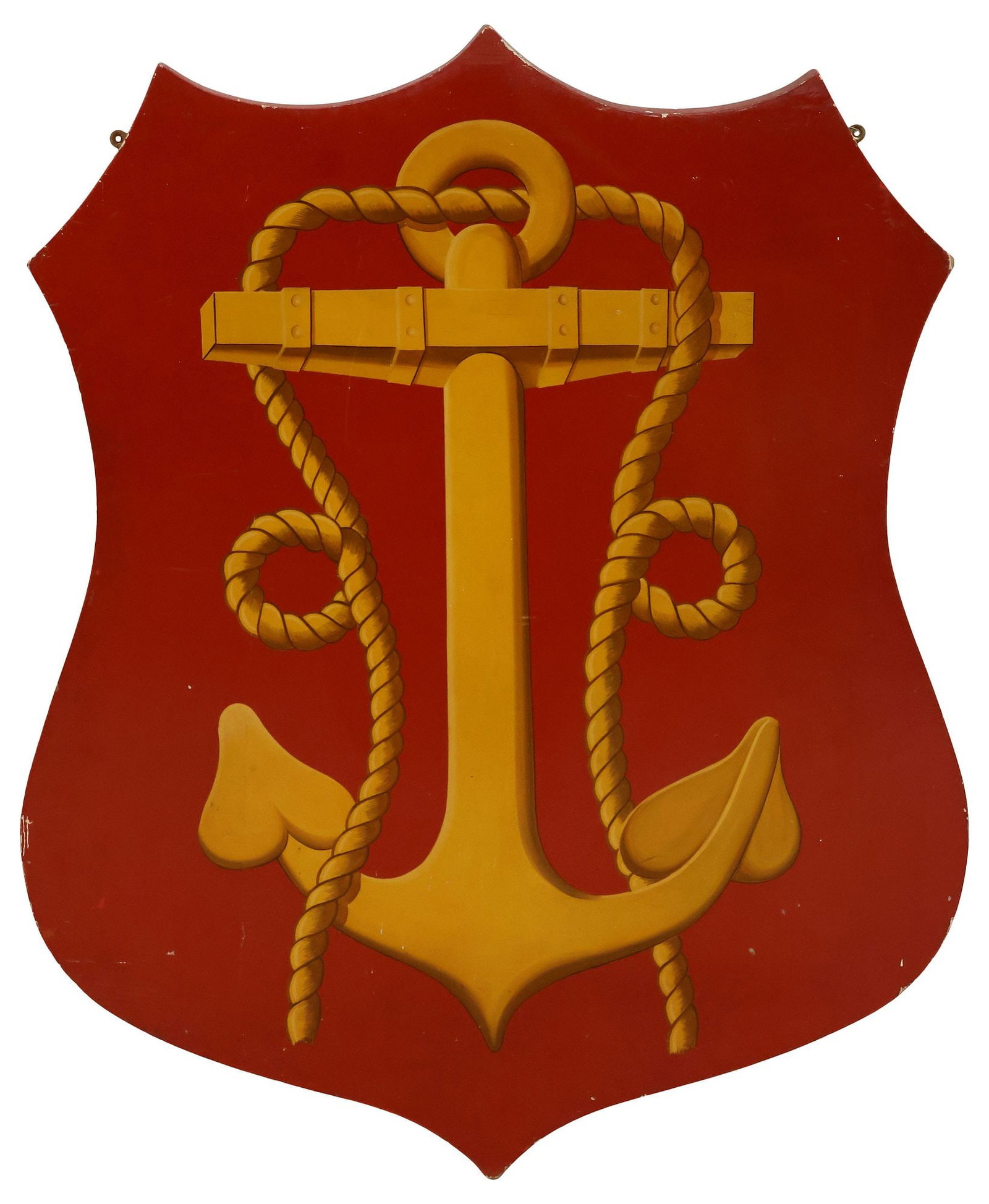 ENGLISH PAINTED WOOD SIGN, BADGE OF THE ROYAL ADMIRALTY OF THE UK: Decorative English painted wood sign, shield-form body, depicting the Badge of the Lord High Admiral of the United Kingdom, an anchor with a length of rope wrapped around it (fouled anchor), approx 47