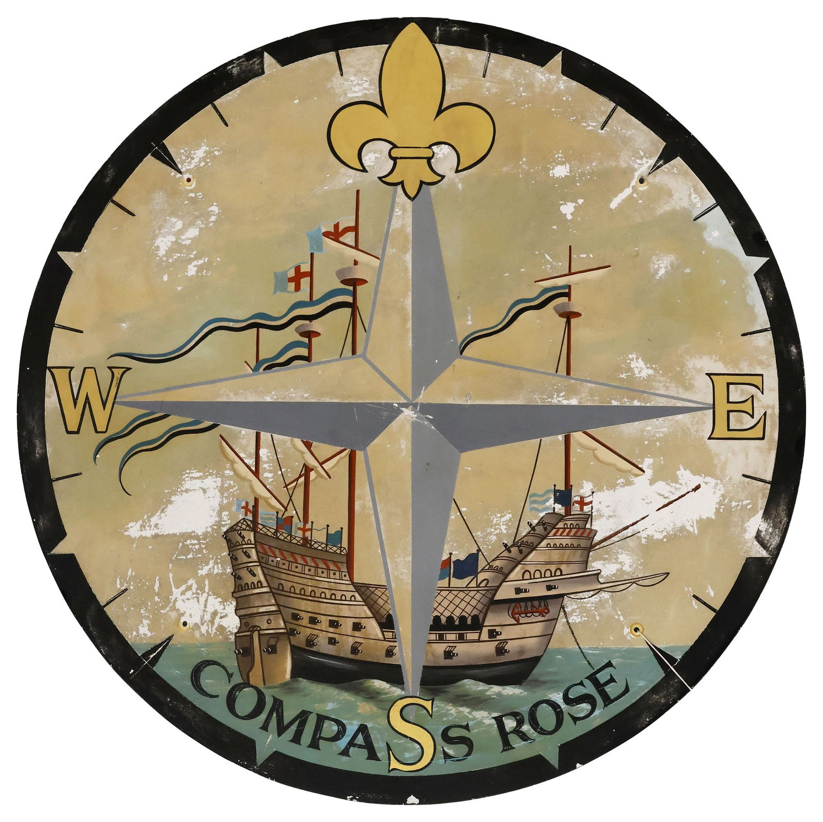 ENGLISH 'COMPASS ROSE' PAINTED WOOD ADVERTISING SIGN: Decorative English painted wood pub advertising sign, The Compass Rose, with ship and compass motif, approx 41.25"diam **PLEASE NOTE: All of the cast stone and garden pieces in this auction have inher