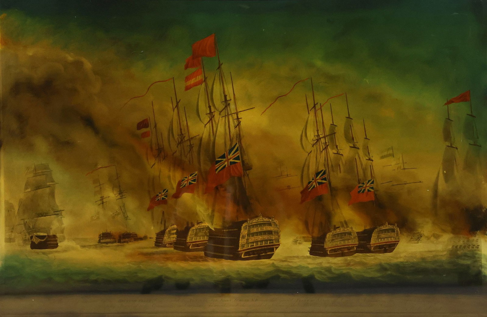AFTER ROBERT DODD (ENGLISH, D.1815) MARITIME PRINT, BATTLE OF CAPE ST. VINCENT: Large framed maritime print, "Battle of Cape Saint Vincent," after Robert Dodd (English, 1748-1815), encased behind glass, not examined out of frame, sight: approx 23"h, 34.75"w, overall: approx 26.75