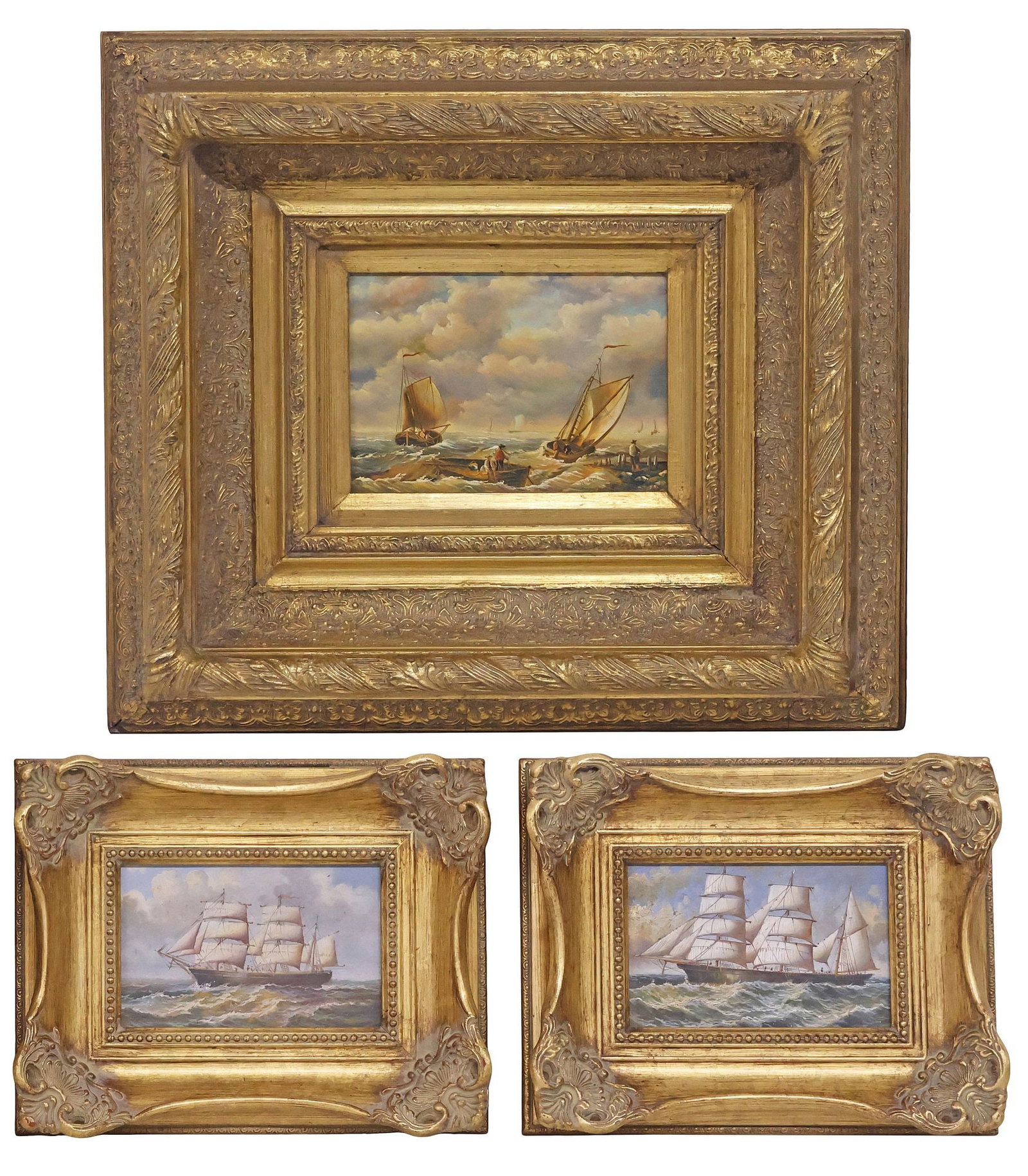 (3) ENGLISH SCHOOL NAUTICAL OIL PAINTINGS, SHIPS & SAILORS AT SEA: (lot of 3) Framed English School oil on board paintings, each housed in a giltwood frame, including: (2) Sailing Ships at Sea, both apparently unsigned, each sight: approx 3.25"h, 5.25"w, overall: app