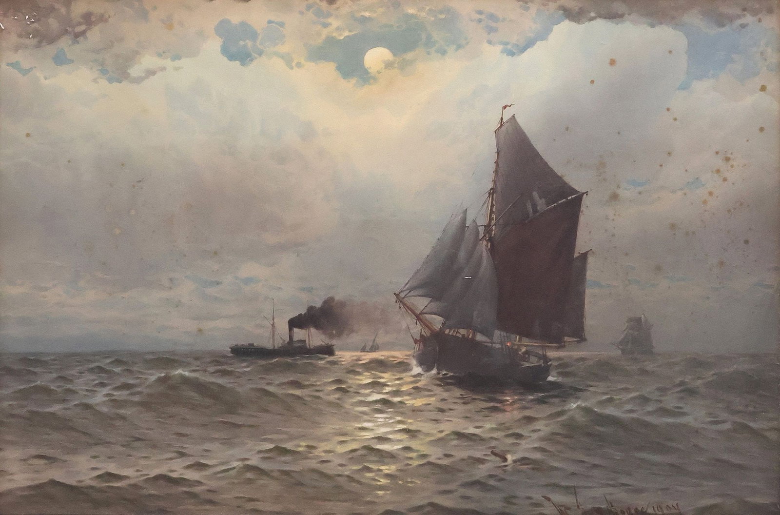 SIGNED ENGLISH SCHOOL WATERCOLOR PAINTING, MARITIME SHIPS SCENE, 1904: Framed English School watercolor painting on paper, Nautical Scene with Sailing Ship and Steamboat, signed illegibly lower right, dated 1904, overall toning and foxing, signature partially obscured by