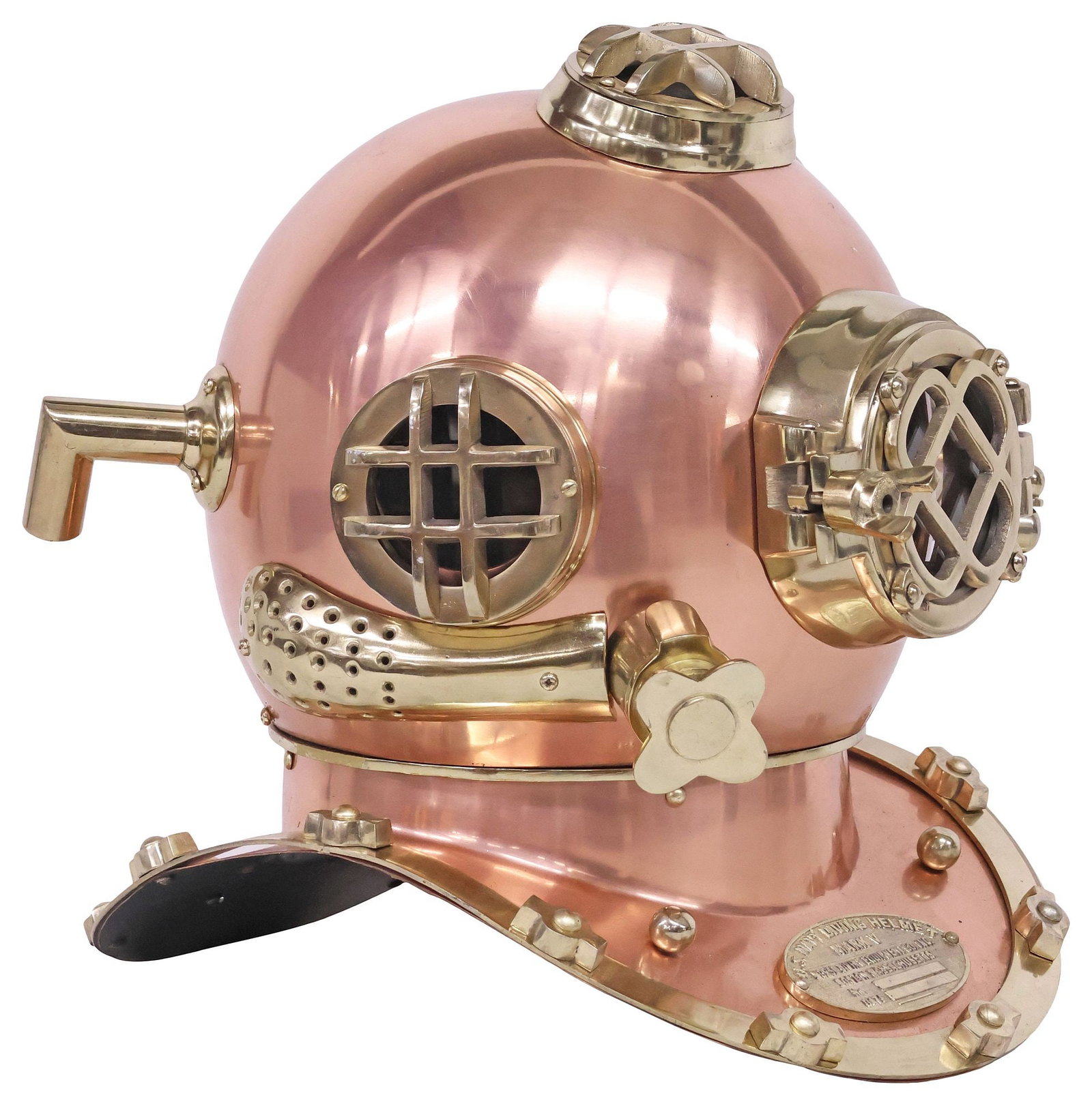 REPLICA COPPER & BRASS U.S. NAVY MARK V MODEL DIVING HELMET: Reproduction copper and brass model diver's helmet, 21st c., after U.S. Navy Mark V helmet and breastplate, containing glass panes, approx 16"h, 17"w, 15"d, 11.25lbs