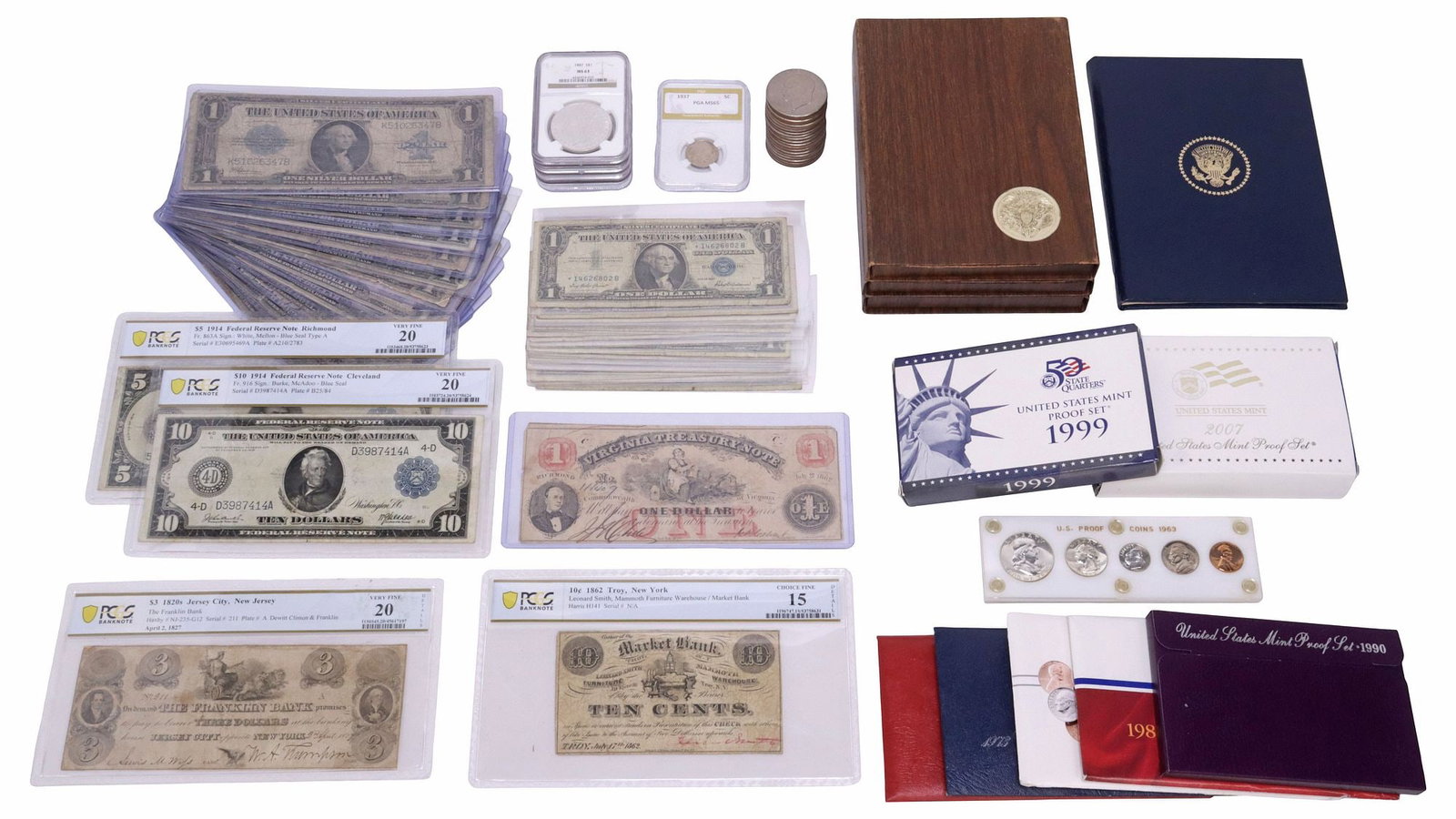 (LOT) U.S. COINS & CURRENCY, FOREIGN COINS & CURRENCY), LARGE GROUP: (lot) Huge Coin & Currency Grouping: (4) U.S. Morgan Graded Silver Dollars, 1880-S PGA MS64, 1883-O NGC MS63, 1883-O NGC MS63, 1883-O NGC MS63, 1887-P NGC MS63; (3) Eisenhower Proof Dollars, 1972-S, 1