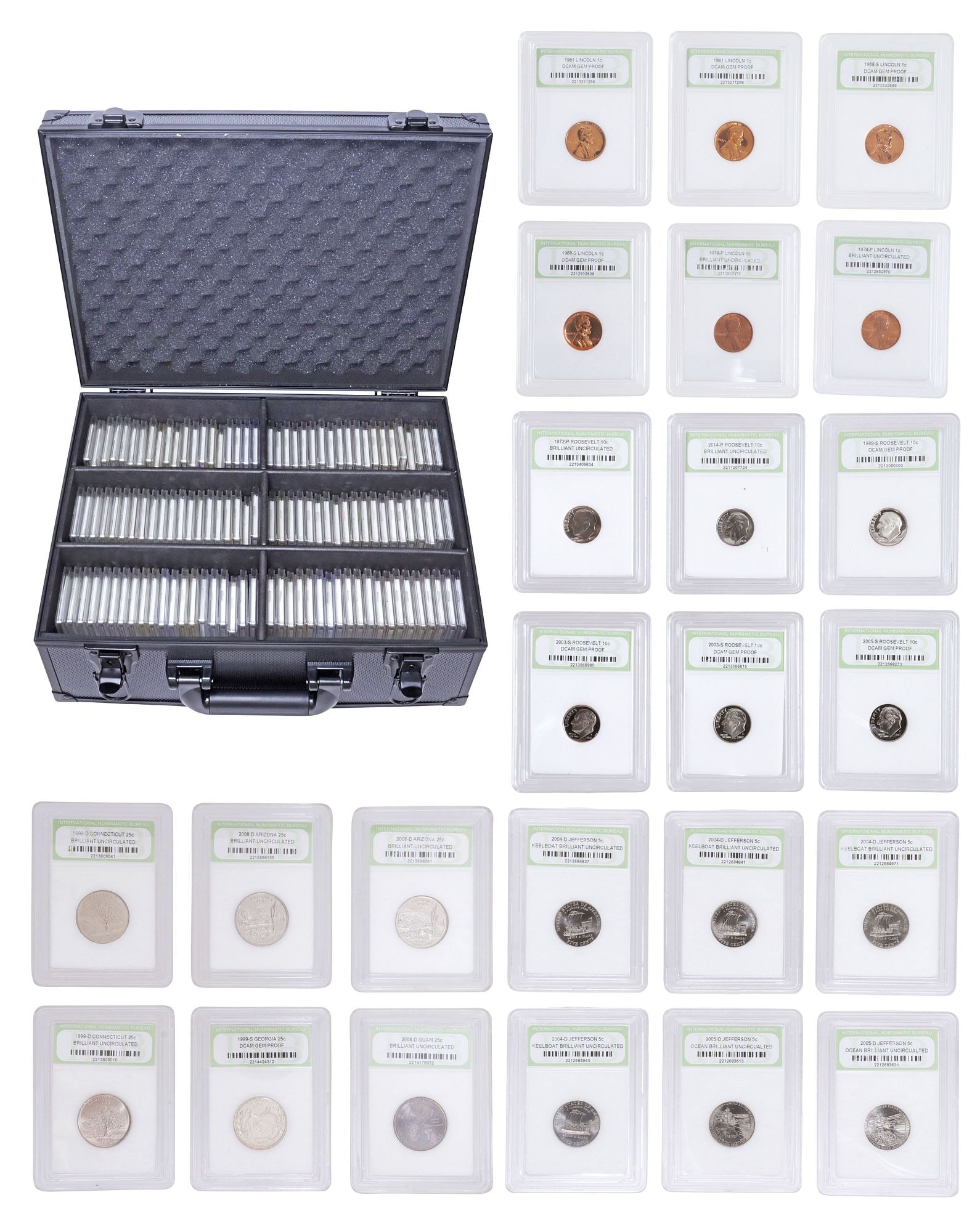 (120) U.S. COINS, QUARTERS, NICKELS, DIMES, PENNIES, INB GRADED: (lot of 120) U.S. Coins, graded and slabbed by International Numismatic Bureau; (18) State Quarters, 6 graded DCAM Gem Proof, 12 graded BU; (2) Quarters, 2033-P Bessie Coleman; (20) Roosevelt Dimes, 1