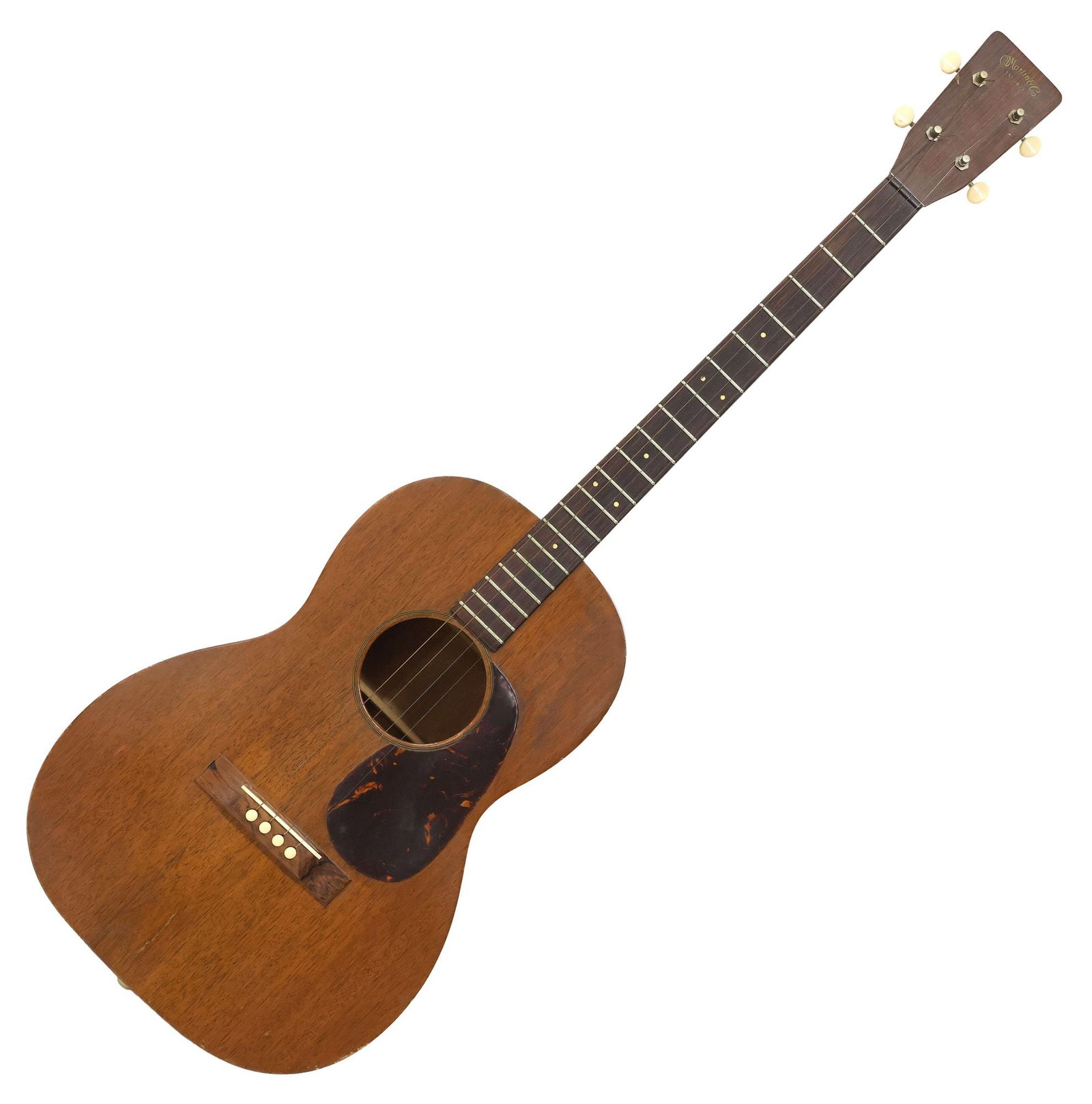CF MARTIN & COMPANY 5-15T TENOR ACOUSTIC GUITAR IN HARD CASE: CF Martin and Company four-string tenor acoustic guitar, model 5-15T, mahogany body in an open pore finish, tortoiseshell patterned pick guard, serial number 146989, accompanied by (four) picks, (6) r