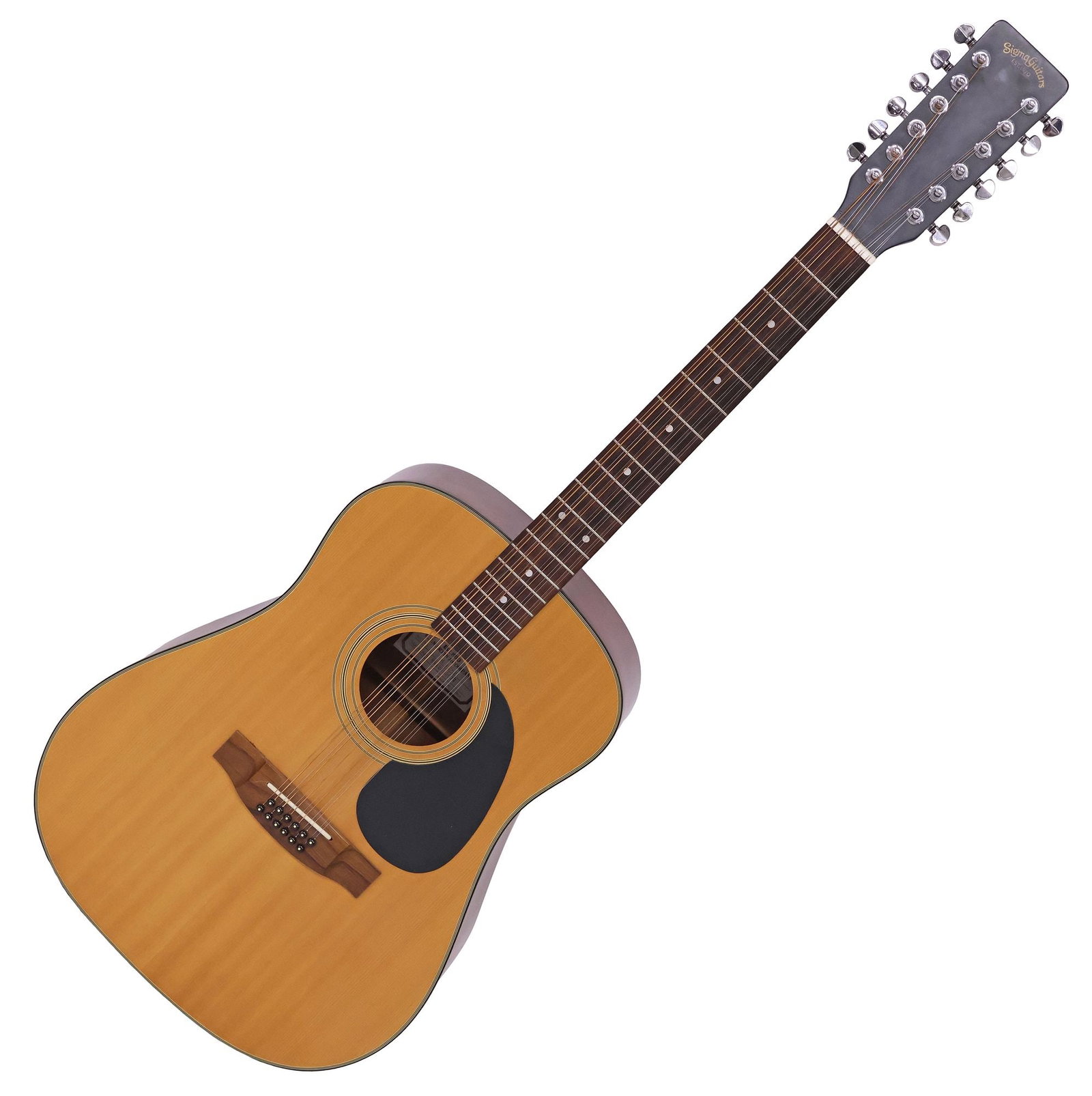 SIGMA BY CF MARTIN & COMPANY MODEL DM12-2 12-STRING ELECTRIC-ACOUSTIC GUITAR: Sigma by CF Martin and Company twelve-string electric-acoustic guitar, model DM12-2, black pick guard, serial number 8812000077, accompanied by Kyser capo, polychrome woven and leather strap, (two) Gr