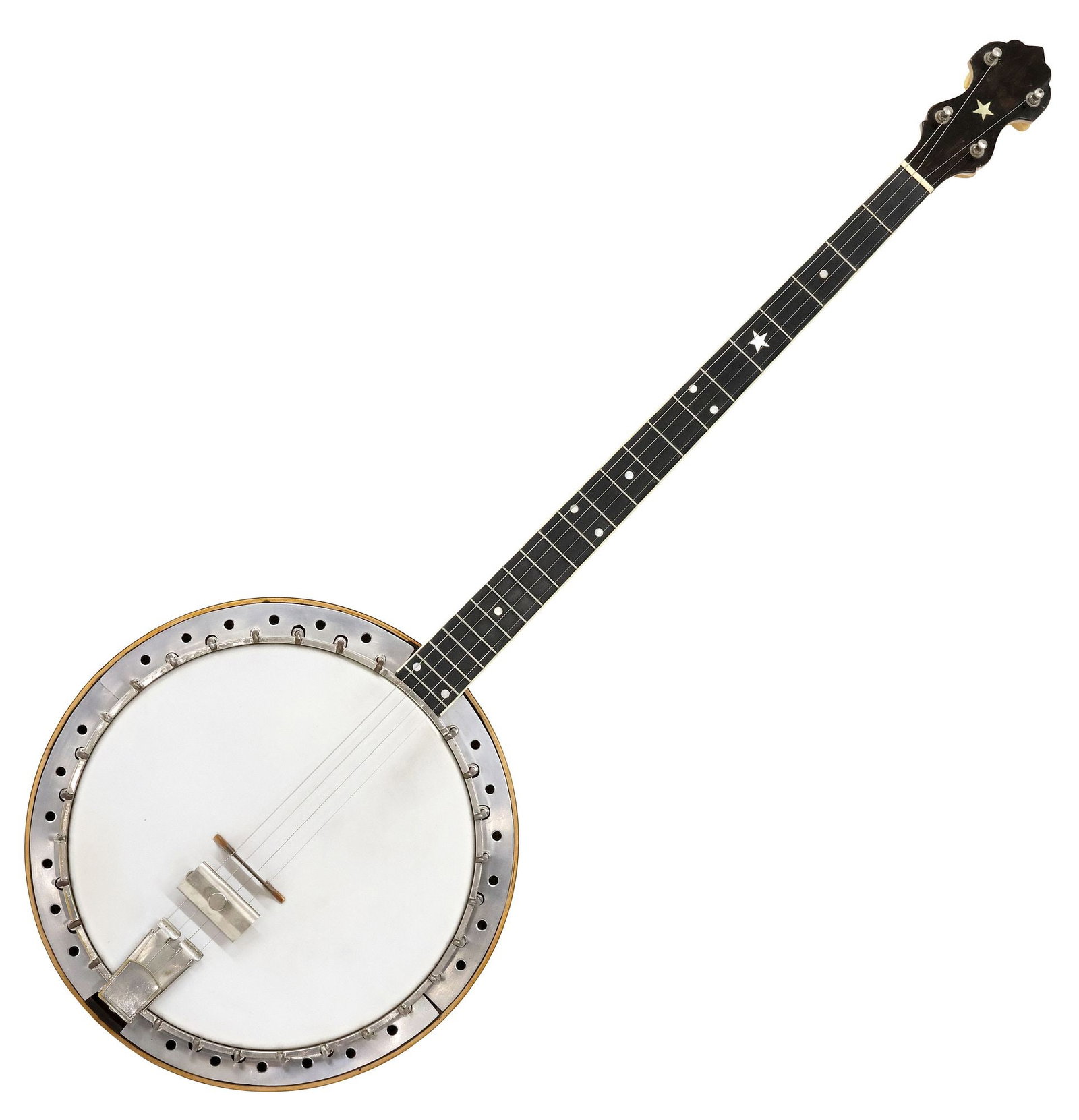 VINTAGE 4-STRING MOTHER-OF-PEARL INLAID BANJO: Vintage five string banjo, with mother of pearl inlay star motifs at resonator and neck, matched veneer back, housed in worn hard case, banjo: approx 38.25"h, 13.5"w, 3.75"d, case: approx 40.5"h, 15"w