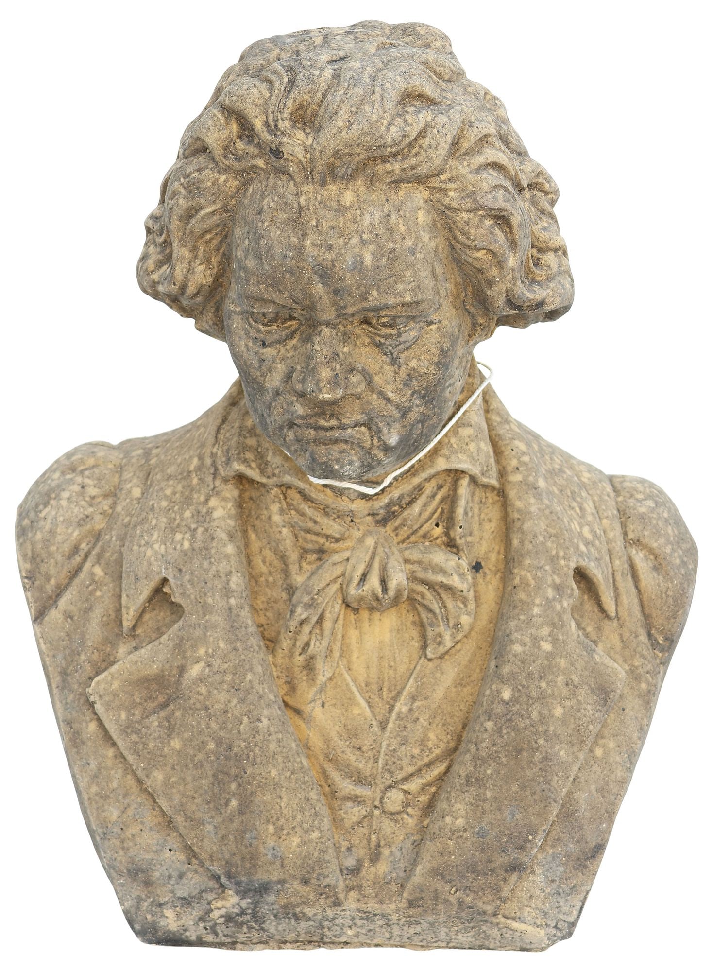 CAST STONE GARDEN SCULPTURE, BUST OF BEETHOVEN: Cast stone garden sculpture, Bust of Beethoven, approx 17"h, 13"w, 8"d **PLEASE NOTE: All of the cast stone and garden pieces in this auction have inherent flaws and evidence of outdoor use. Most are 