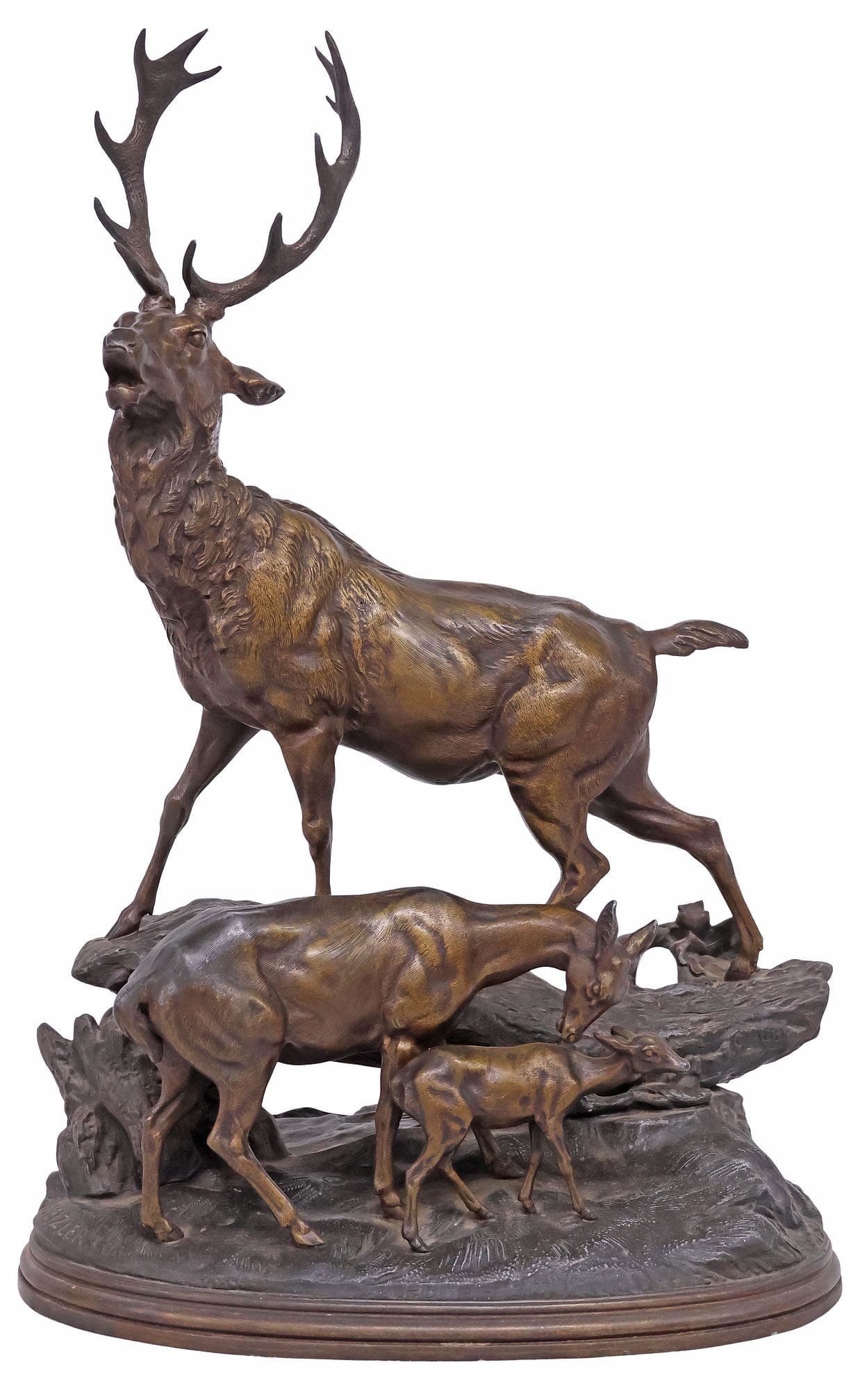 AFTER HIPPOLYTE HEIZLER (D.1871) WILDLIFE SCULPTURE, STAG & HIS FAMILY: Patinated spelter wildlife sculpture, The Stag and His Family, signed in cast after Hippolyte Heizler (French, 1828-1871), on naturalistic base, approx 28.5"h, 14"w, 8"d, 15.5lbs