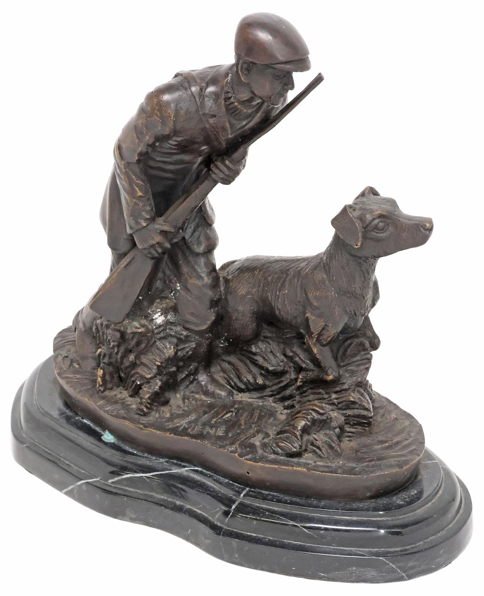AFTER PIERRE JULES MENE (D.1879) BRONZE SCULPTURE, HUNTER & DOG: Patinated bronze sculpture, Hunter and Hound, signed in cast after Pierre-Jules Mene (French, 1810-1879), on integral black marble base, bronze: approx 9.5"h, 9.5"w, 3.75"d, overall: approx 11"h, 12"w