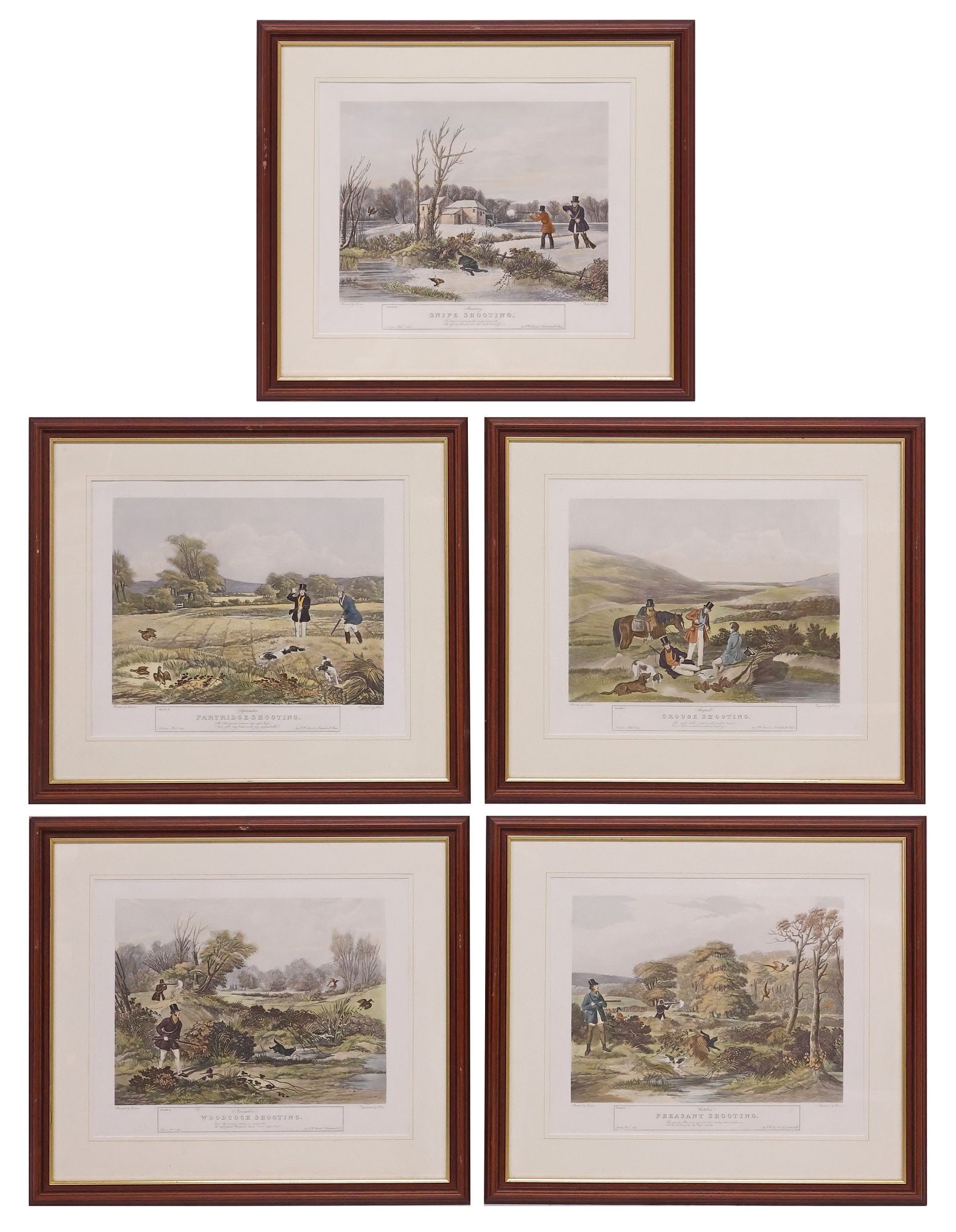 (5) ENGLISH CALENDAR HUNTING PRINTS AFTER FRANCIS TURNER (D.1846): (lot of 5) Framed hand-tinted calendar engravings on paper, after Francis Calcraft Turner (English, c.1782-1846), engraved by Charles Hunt (English, 1803-1877), plates I-IV and VI, comprising: (1) "Au