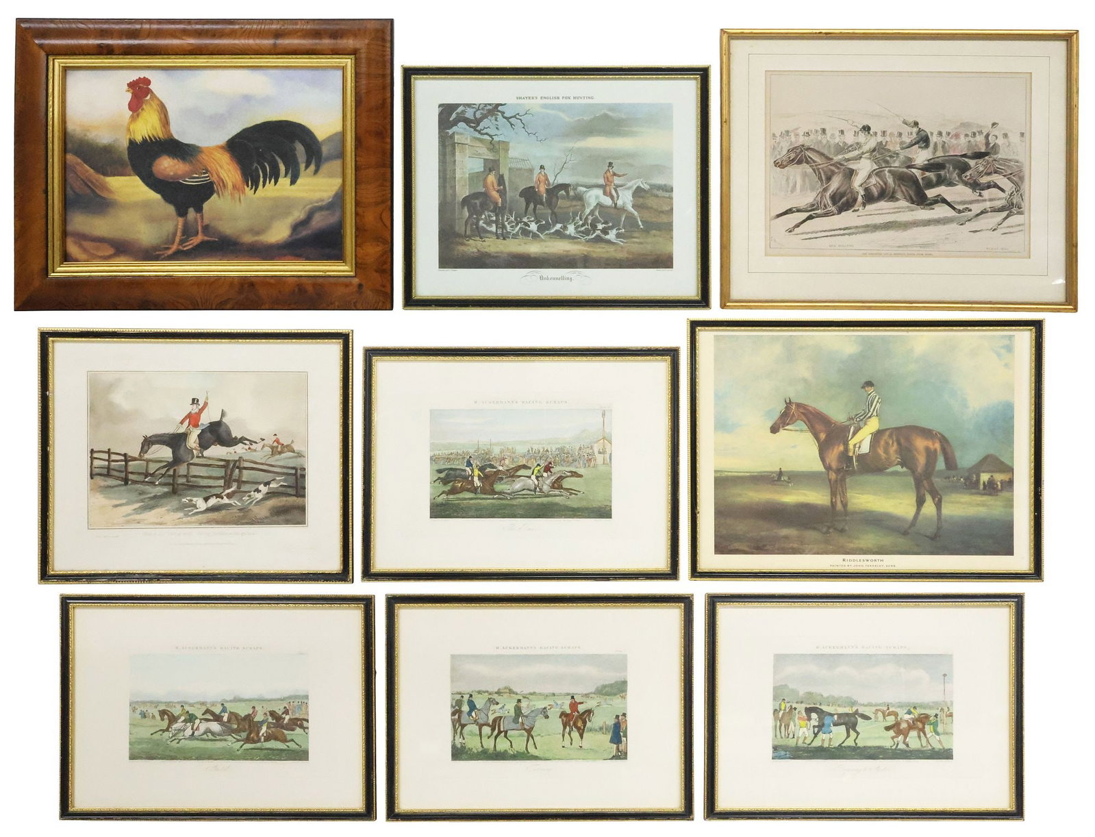 (9) ENGLISH SCHOOL PRINTS, EQUESTRIAN SPORTING SCENES & ROOSTER: (lot of 9) Framed English School artwork on paper, various artists and mediums, including color intaglio prints and offset lithographs, many equestrian subjects, highlights include: (4) from the serie