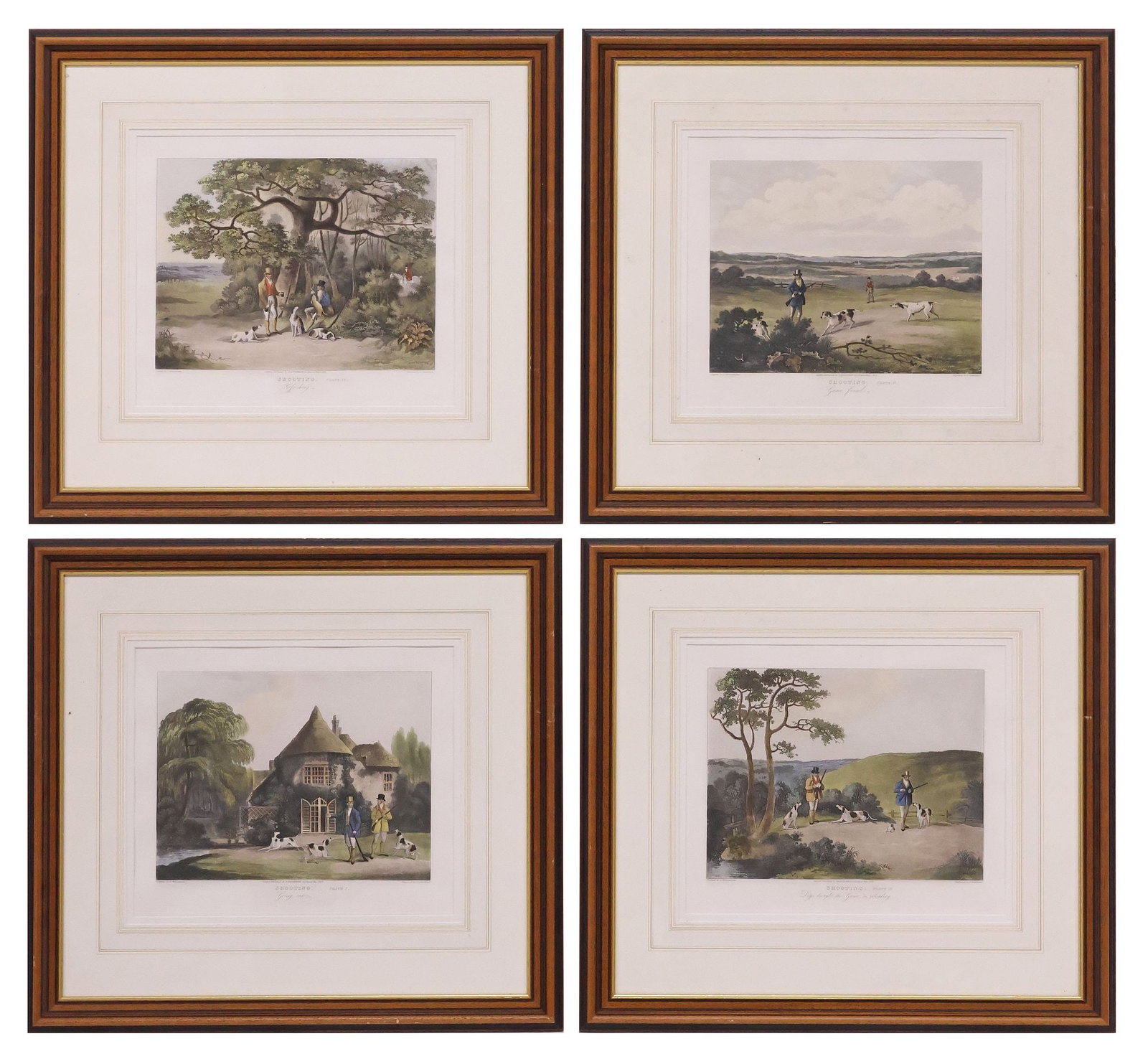 (4) AFTER DEAN WOLSTENHOLME SR. (ENGLISH, D.1837) HUNTING PRINTS: (lot of 4) Framed color mezzotints on paper, after Dean Wolstenholme Sr. (English, 1757-1837), engraved by Thomas Sutherland (English, 1785-1838), Plates I-IV from the "Shooting" series, published by 