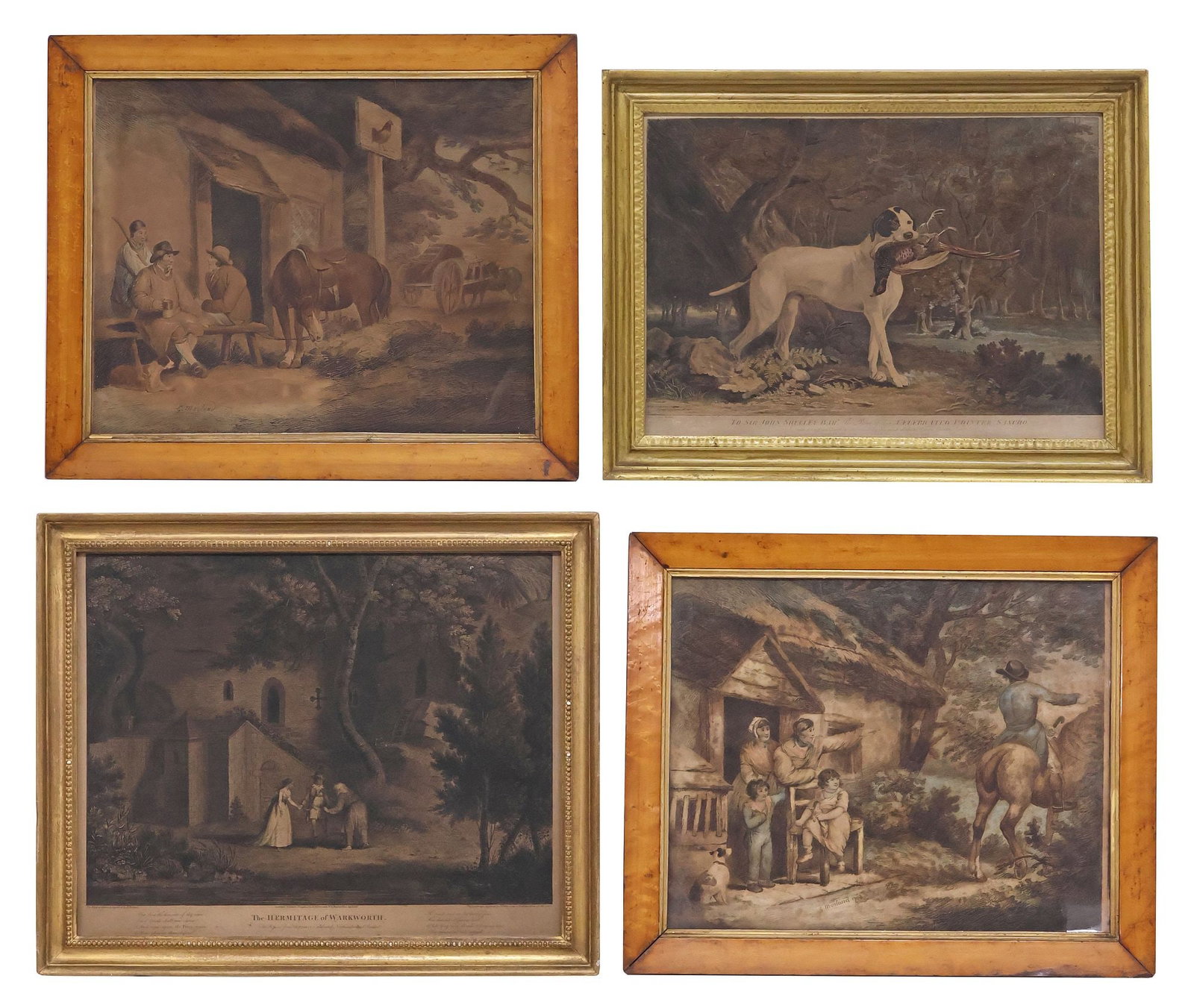 (4) ENGLISH INTAGLIO PRINTS, HUNTING DOG & GENRE SCENES AFTER MORLAND: (lot of 4) Framed English School intaglio prints on paper, including: (2) colored prints, Scenes Outside the Inn, after George Morland (English, 1763-1804); (1) engraving, "To Sir John Shelley Bar, Th
