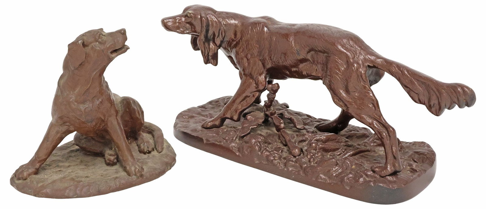 (2) DOG SCULPTURES, PATINATED IRON ENGLISH SETTER & CAST COMPOSITE HOUND: (lot of 2) Cast dog sculptures, including: (1) Soviet Russian patinated cast iron English setter, Kasli Plant of Architectural and Art Casting, dated 1975 with maker's mark underfoot, approx 5.5"h, 11