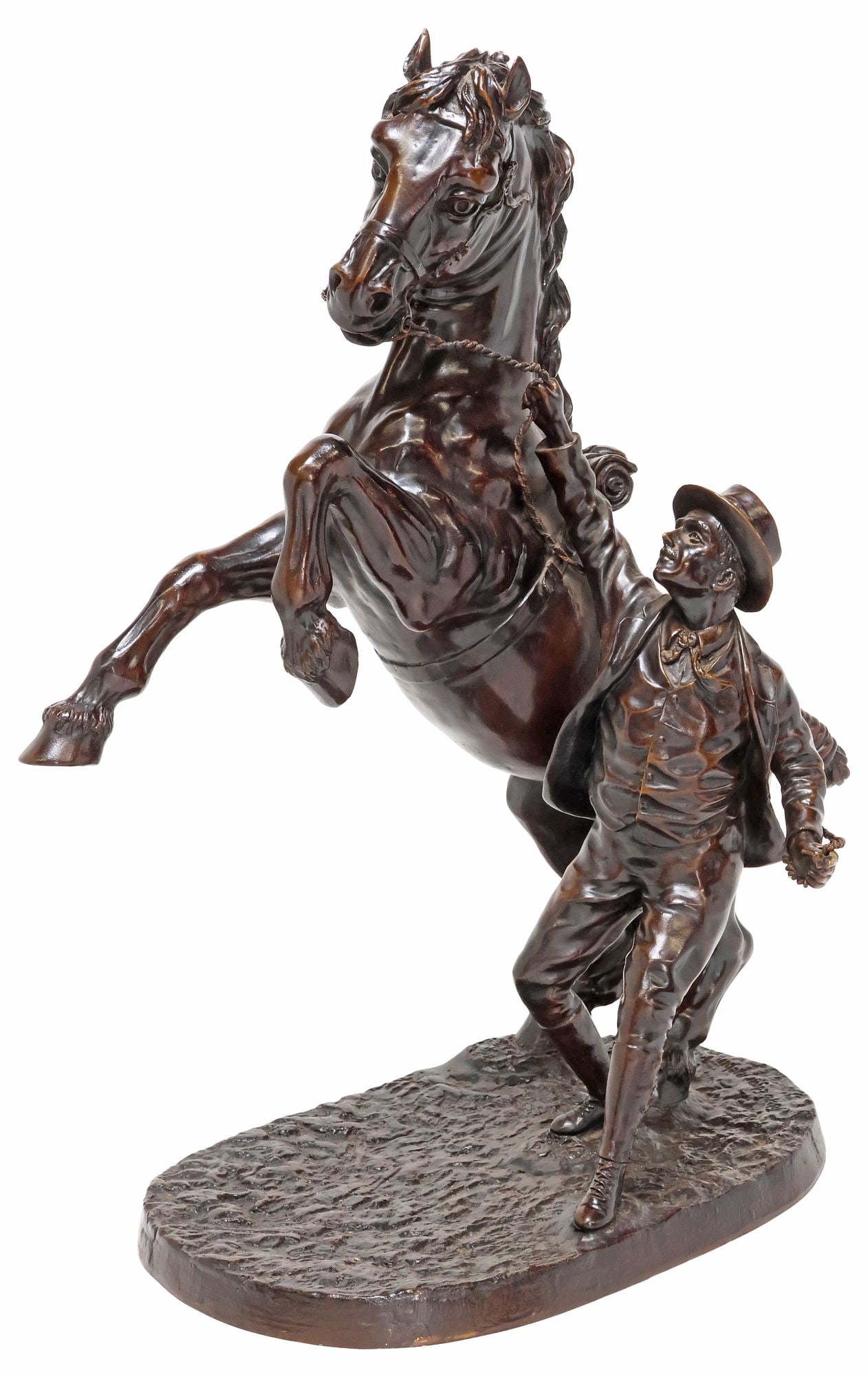AFTER JOSEPH EDGAR BOEHM (D.1890) BRONZE SCULPTURE, 'SUFFOLK BLACKSMITH': Patinated bronze sculpture, "The Suffolk Blacksmith," signed in cast after Sir Joseph Edgar Boehm (Austrian, 1834-1890), depicting a rearing horse and its keeper, approx 22.25"h, 18.5"w, 10.5"d, 49.25