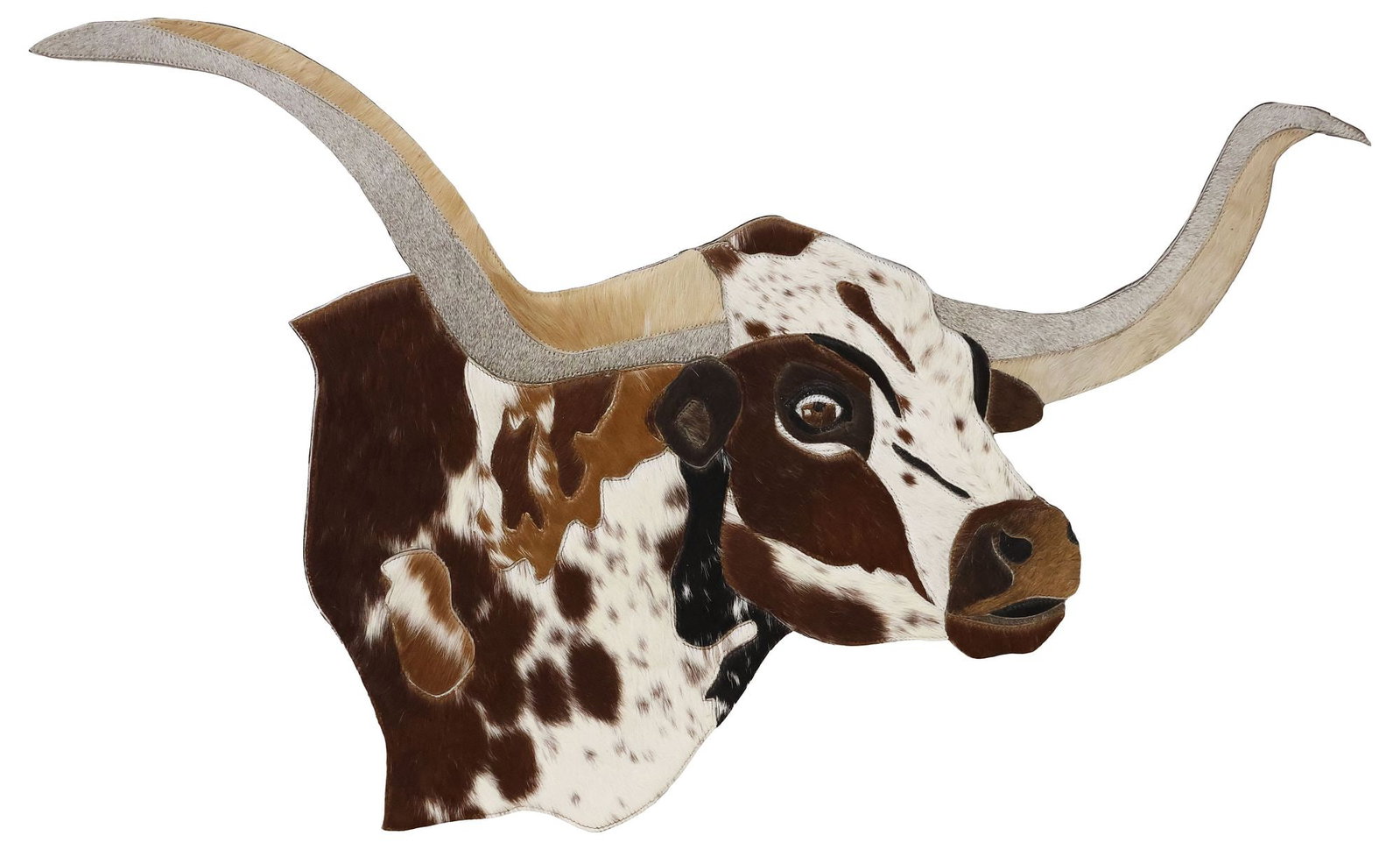 AFRICAN STITCHED COWHIDE WALL-HANGING ON BOARD, TEXAS LONGHORN, 24"H: Decorative African stitched hide wall-hanging animal picture, Texas Longhorn, with cut-out border, adhered to particleboard backboard, small split to backboard at tip of right horn, approx 24"h, 38.5"