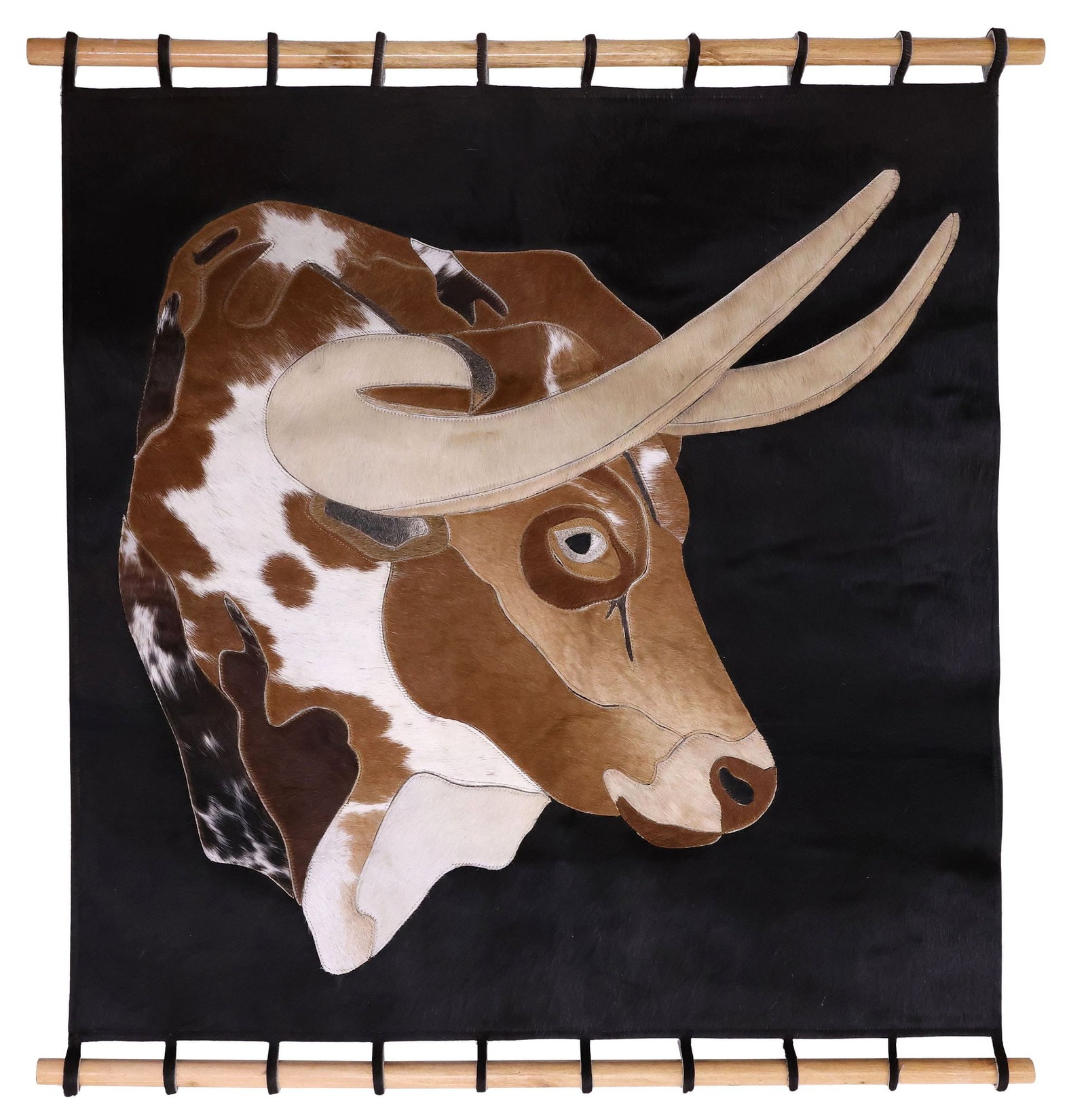AFRICAN STITCHED COWHIDE WALL-HANGING, TEXAS LONGHORN, 39.5"H: Decorative African stitched hide wall-hanging animal picture, King of the Plains, depicting a Texas longhorn, on solid black ground, maker's mark on back, approx 39.5"h, 37.5"w, 7lbs **Provenance: Vuk