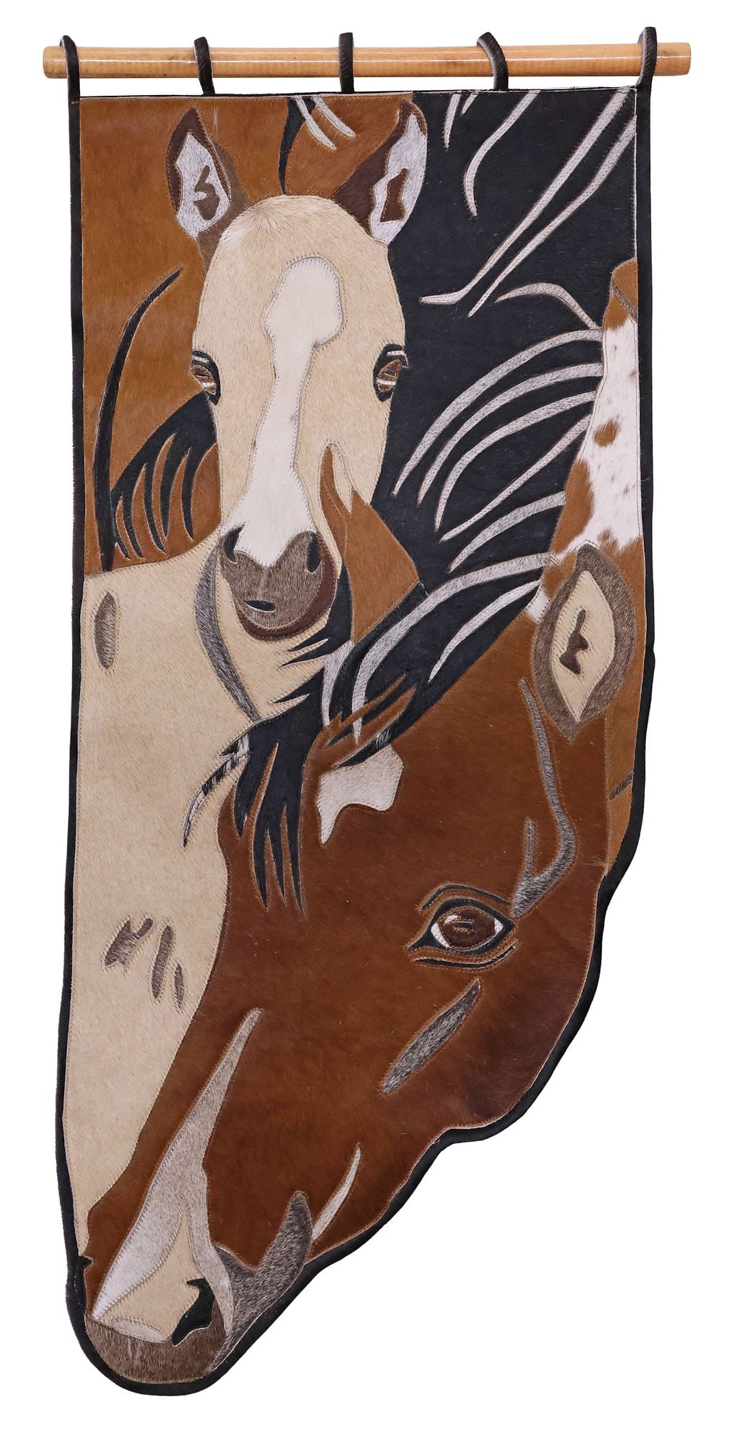 AFRICAN STITCHED COWHIDE WALL-HANGING, MOTHER HORSE & FOAL, 42"H: Decorative African stitched hide wall-hanging animal picture, Juliet and Thinta, depicting a mother horse and her foal, approx 42"h, 19.75"w, 2.75lbs **Note: Juliet was a dedicated therapy horse whose