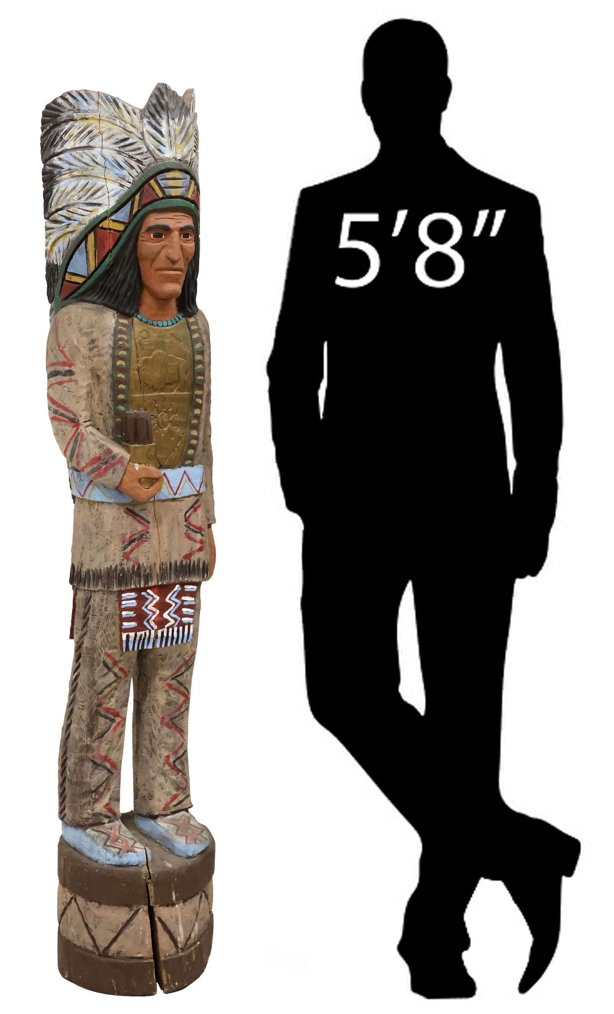 LIFE-SIZE CARVED & PAINTED WOOD CIGAR SHOP INDIAN CHIEF, 72"H: Carved and polychrome painted wood cigar shop figure, 20th c., modeled as a Native American chief with feathered headdress, the chest with carved sun and bison motifs, standing upon trunk-form base, a