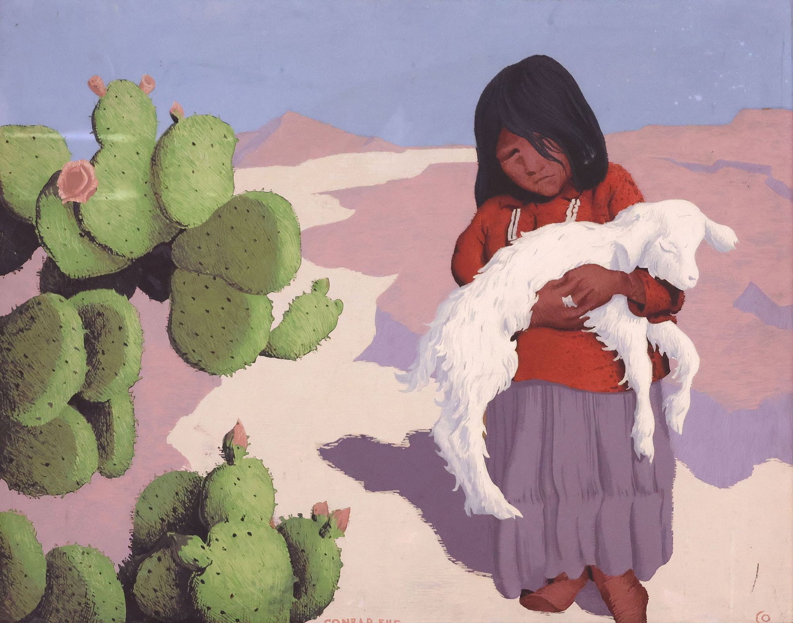 CONRAD BUFF (1886-1975) SERIGRAPH ON BOARD, NAVAJO CHILD WITH LAMB: Framed silkscreen print in colors on Masonite, Navajo Girl with Sheep, signed in the plate central lower edge Conrad Buff (California, 1886-1975), marked CO in the plate lower right, retaining partial