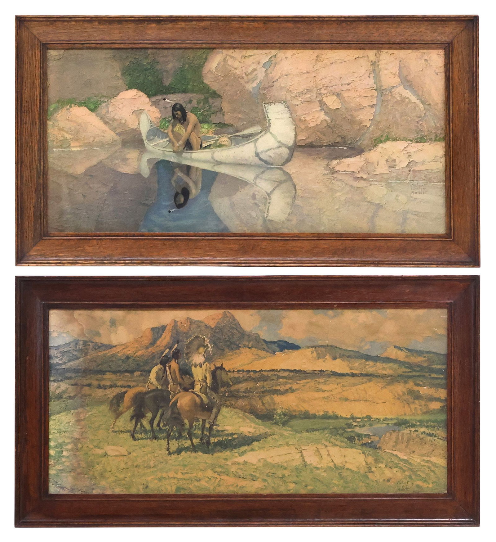 (2) AFTER ROBERT WESLEY AMICK (D.1969) NATIVE AMERICAN WESTERN PRINTS: (lot of 2) Framed Western offset lithograph prints on paper, after Robert Wesley Amick (American, 1879-1969), signed in print lower right, including: (1) "The Great Divide," (1) "Phantom Canyon," each