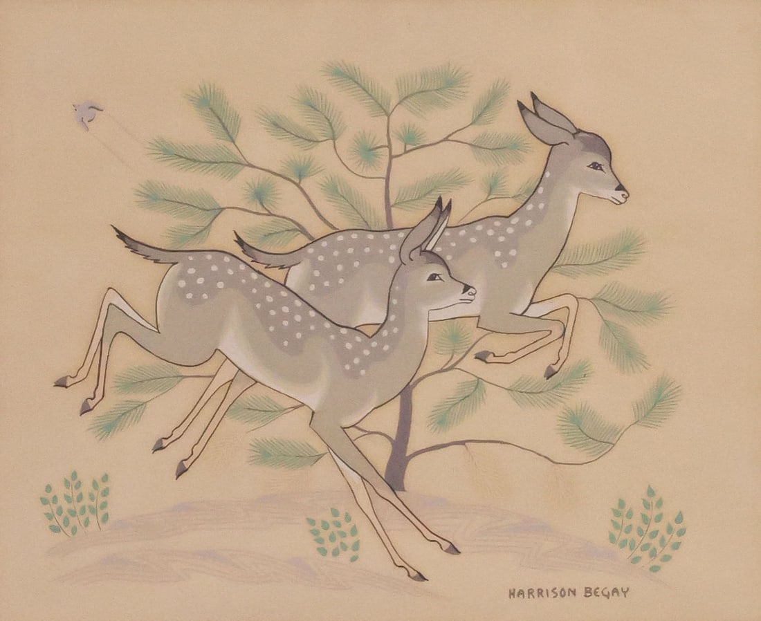 HARRISON BEGAY (NAVAJO, 1917-2012) SERIGRAPH, RUNNING FAWNS: Framed silkscreen print in colors on paper, Two Fawns with Pine Trees, signed in print lower right Harrison Begay (A.K.A. Haskay Yahne Yah, Navajo, 1917-2012), encased behind glass, not examined outsi