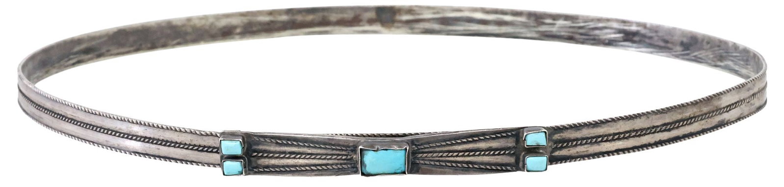 SIGNED RAYMOND PARKER NATIVE AMERICAN SILVER & TURQUOISE HATBAND: Native American silver (content unknown) adjustable hatband, Raymond Parker, likely Navajo, three rows of stamp-work in wirework motif encircle the hatband, buckle closure decorated with bezel-set rec