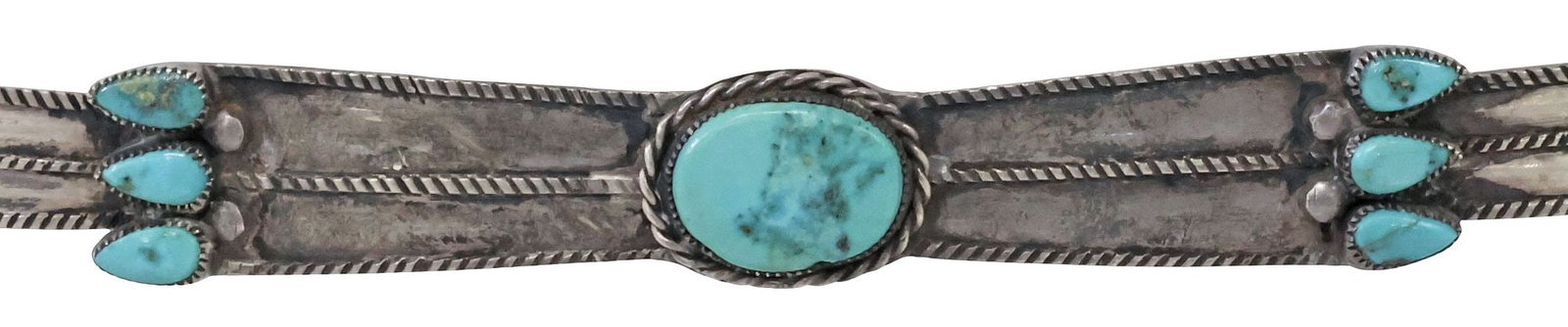 NATIVE AMERICAN NAVAJO SILVER STAMPWORK & TURQUOISE HATBAND: Native American silver (content unknown) hatband, Navajo, three rows of stampwork around hatband, wirework encircling turquoise cabochon with pear-shaped turquoise stones in bow motif on either side, 
