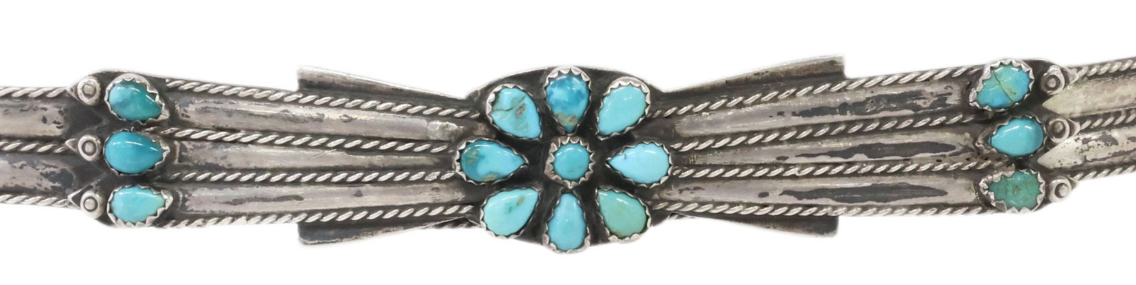 SIGNED G.T. NATIVE AMERICAN SILVER & TURQUOISE HATBAND: Native American silver (content unknown) hatband, likely Navajo, three rows of wirework encircle hatband, bevel-set turquoise cabochons arranged in flower motif with additional turquoise and bow-shape