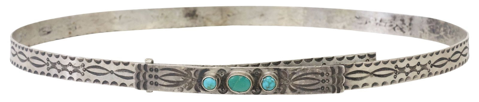 NATIVE AMERICAN NAVAJO SILVER & TURQUOISE ADJUSTABLE HATBAND: Native American silver (content unknown) adjustable hatband, Navajo, stamp-work pattern encircling hatband, buckle enclosure accented with three bezel-set turquoise cabochons, smallest: approx 22" int