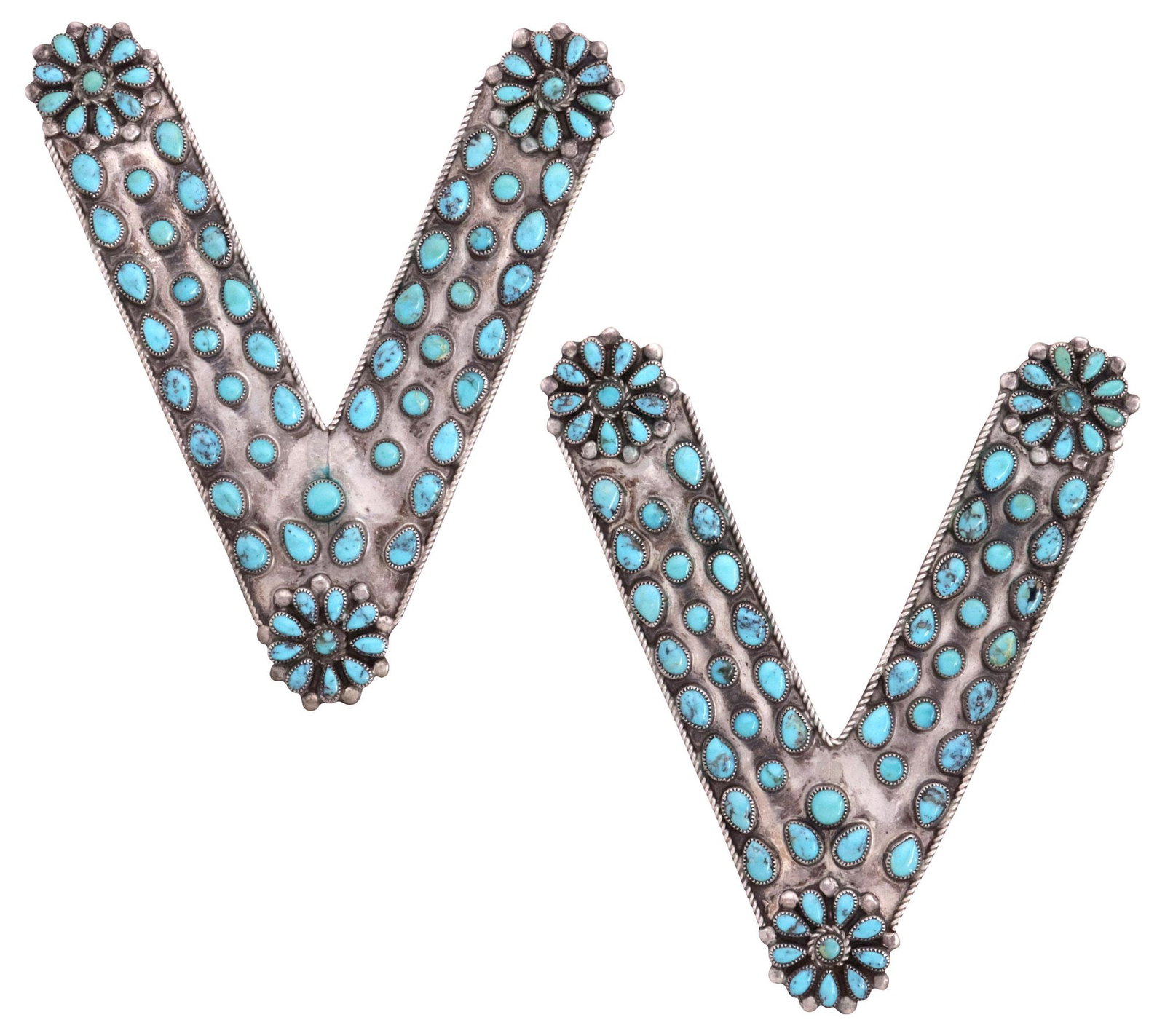 (PAIR) NATIVE AMERICAN SILVER & PETIT POINT TURQUOISE COLLAR TIPS: (pair) Large Native American silver (content unknown) and turquoise collar tips, each terminal with radiating petit-point turquoise cluster comprised of (ten) cabochons, with (forty-three) additional 