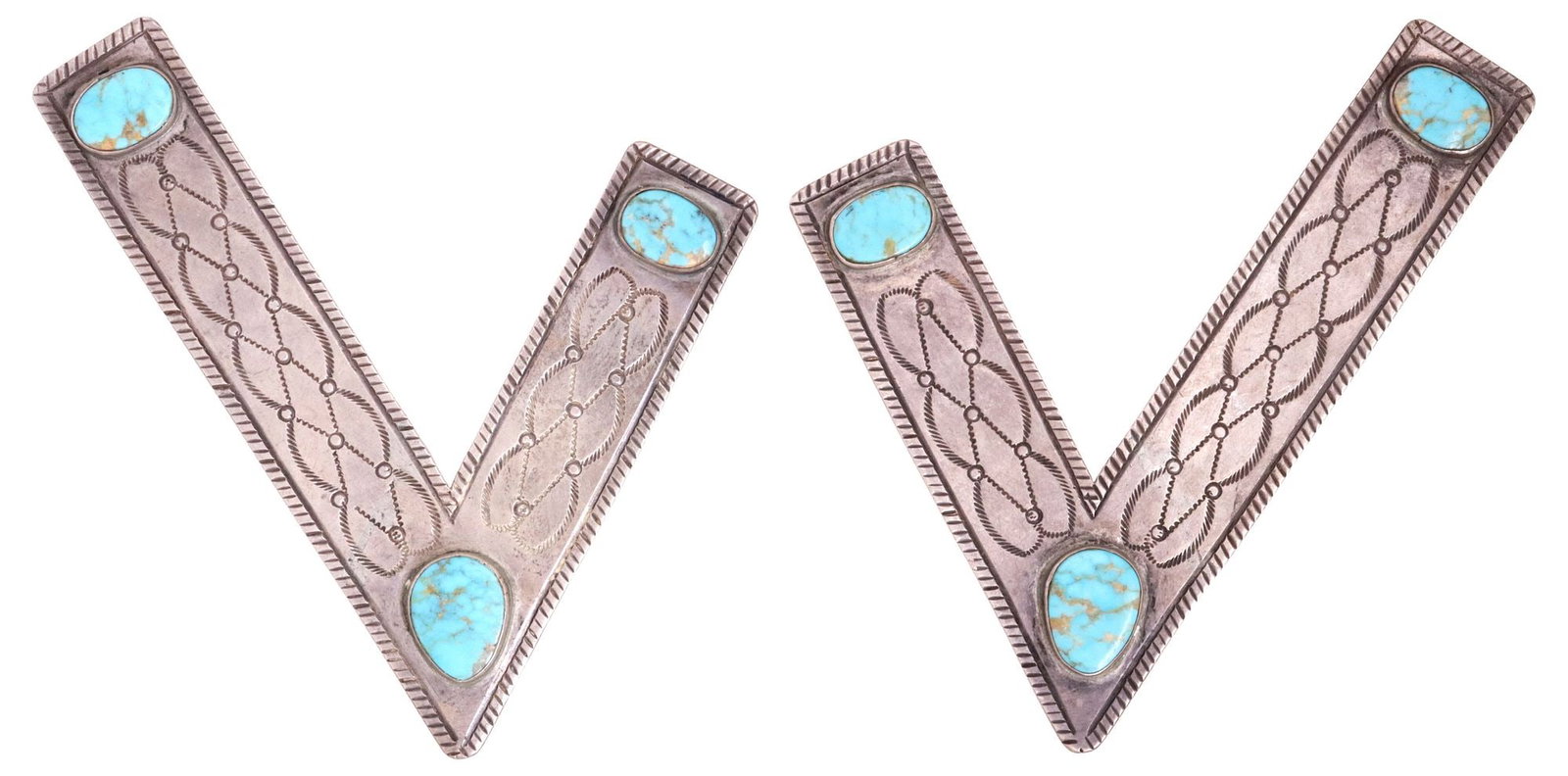 (PAIR) NATIVE AMERICAN SILVER STAMPWORK & TURQUOISE COLLAR TIPS: (pair) Native American silver (content unknown) and turquoise collar tips, each having geometric stampwork motifs and fluted border, with (three) large bezel-set turquoise cabochons, approx 4"l, 3 5/8