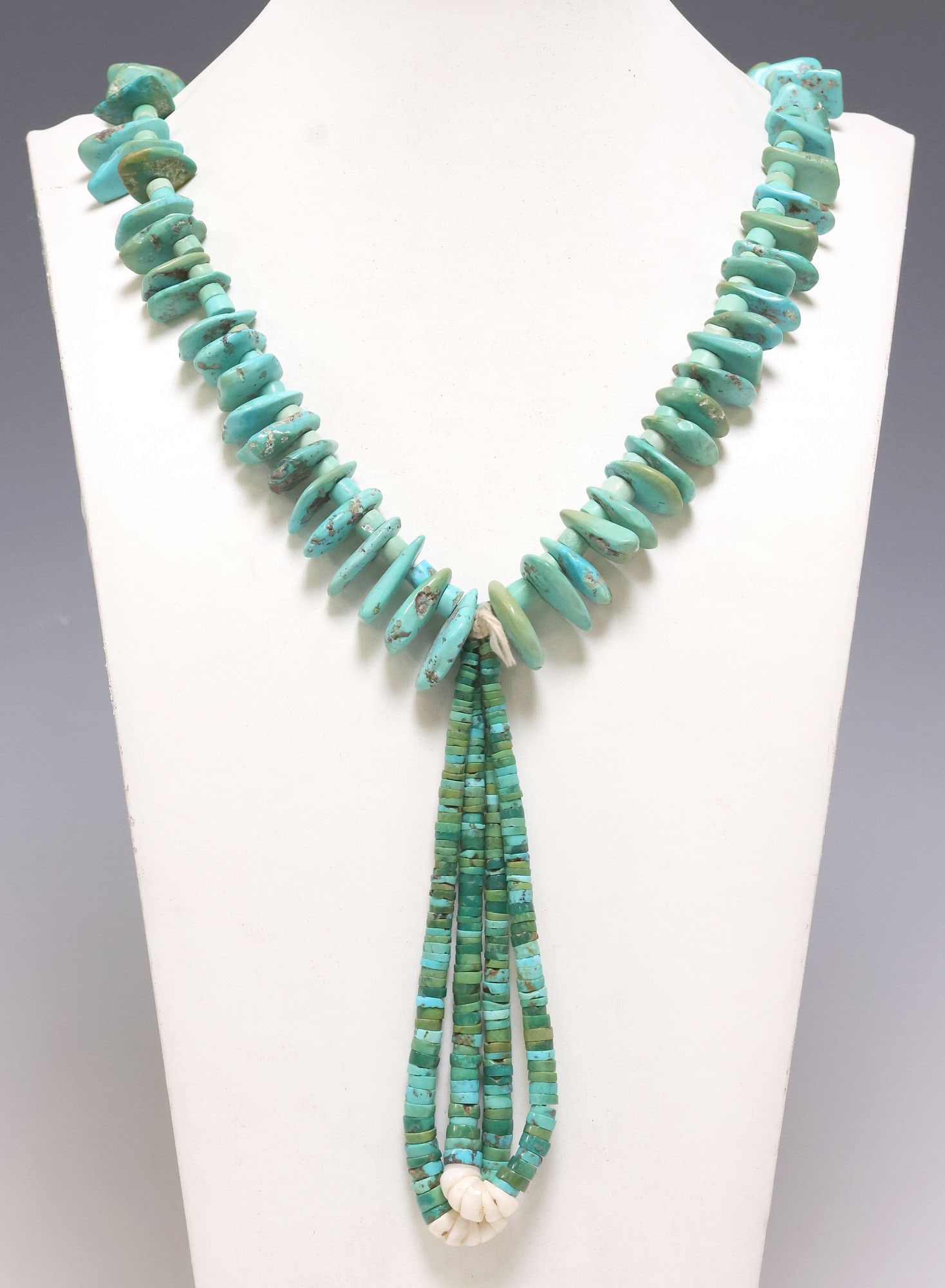NATIVE AMERICAN PUEBLO TURQUOISE BEADED JACLA NECKLACE: Native American Pueblo beaded Jocla necklace, with turquoise beads and disc-form spacers, on tied cord, Jocla pendant with tapering turquoise and shell beads, necklace: approx 30"l, Jocla pendant (lay