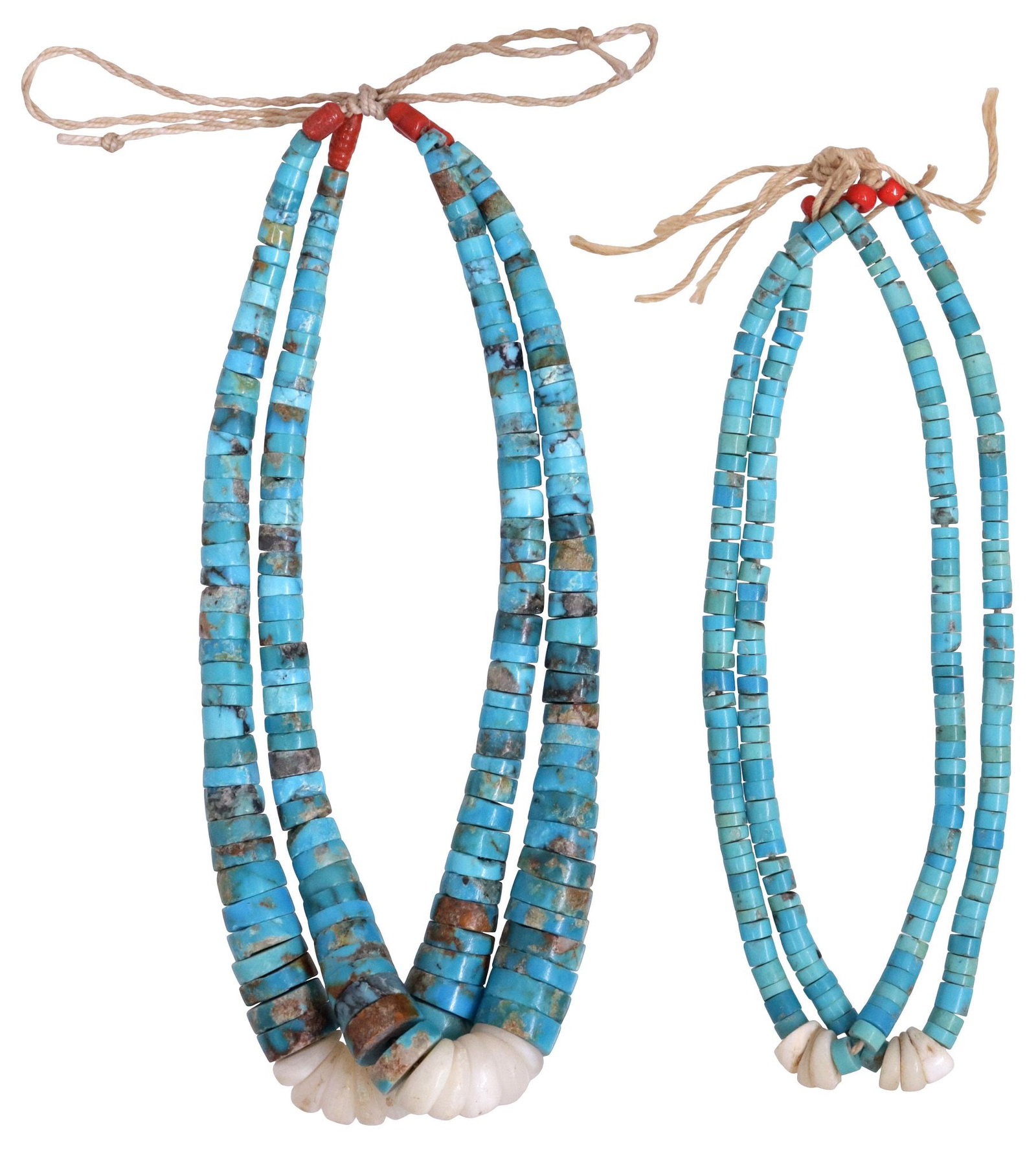 (2 PAIRS) NATIVE AMERICAN PUEBLO TURQUOISE BEADED JACLA PENDANTS: (2 pairs) Native American Pueblo beaded Jacla/ Jocla earring pendants, each having graduated turquoise disc beads and red coral terminals, with central tapering shell beads, on woven cord, including: 