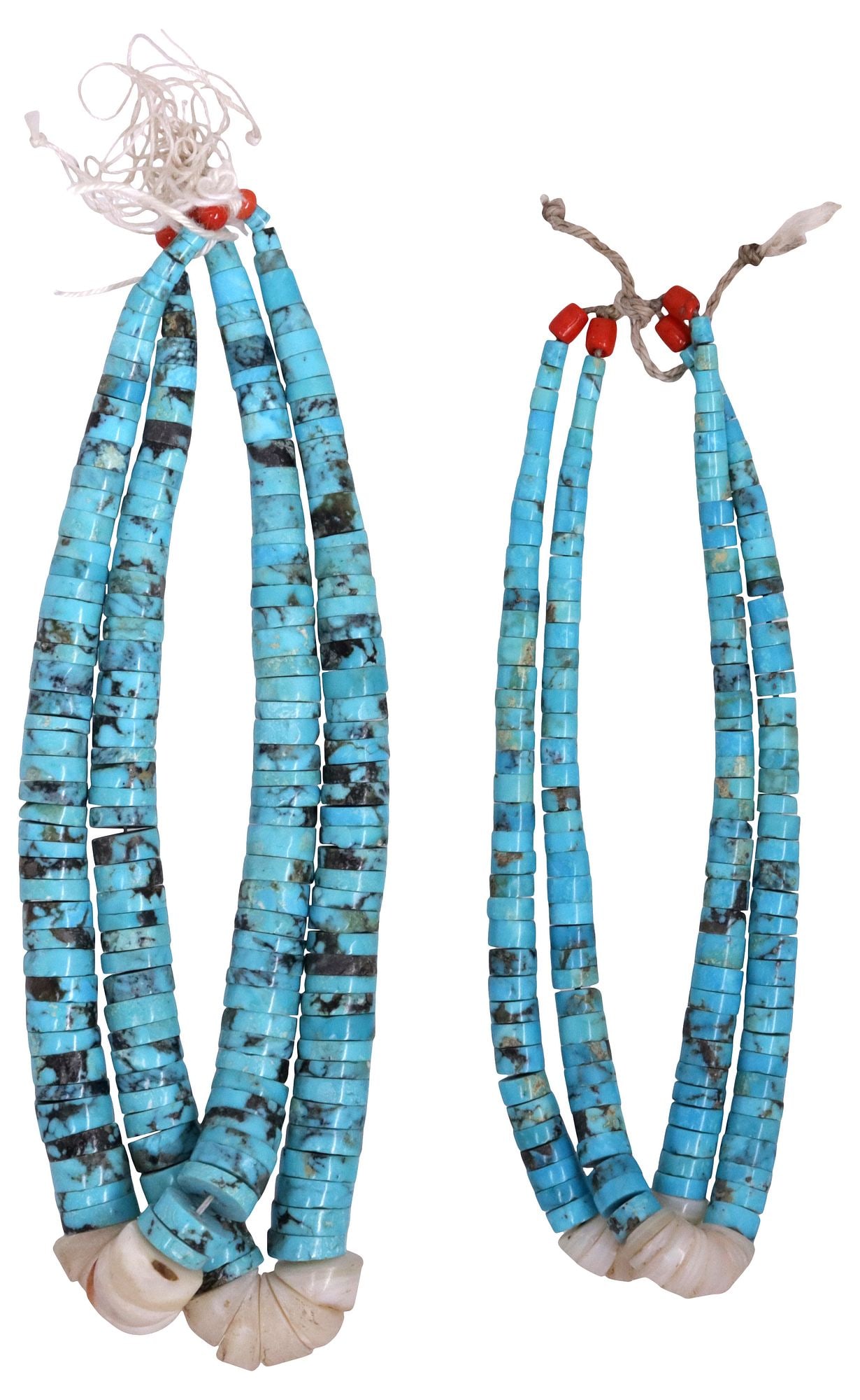 (2 PAIRS) NATIVE AMERICAN PUEBLO TURQUOISE BEADED JACLA PENDANTS: (2 pairs) Native American Pueblo beaded Jacla/ Jocla earring pendants, each having graduated turquoise disc beads and red coral terminals, with central tapering shell beads, on woven cord, including: 