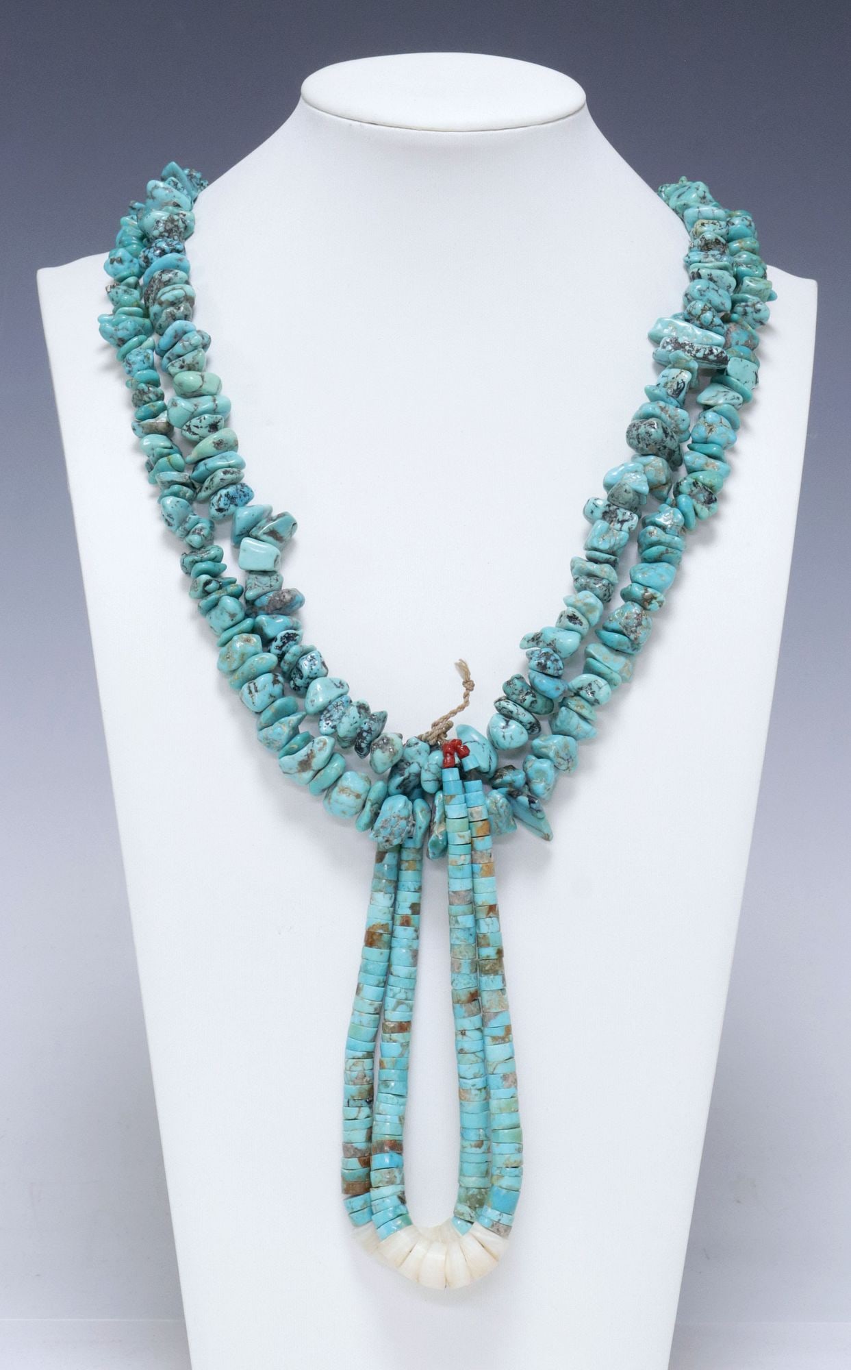 NATIVE AMERICAN PUEBLO TURQUOISE NUGGET DUAL-STRAND JACLA NECKLACE: Native American Pueblo beaded Jocla necklace, two strands of graduated turquoise nuggets, strands wrapped with cotton thread at neck, Jocla pendant having tapered turquoise and shell heishi beads with