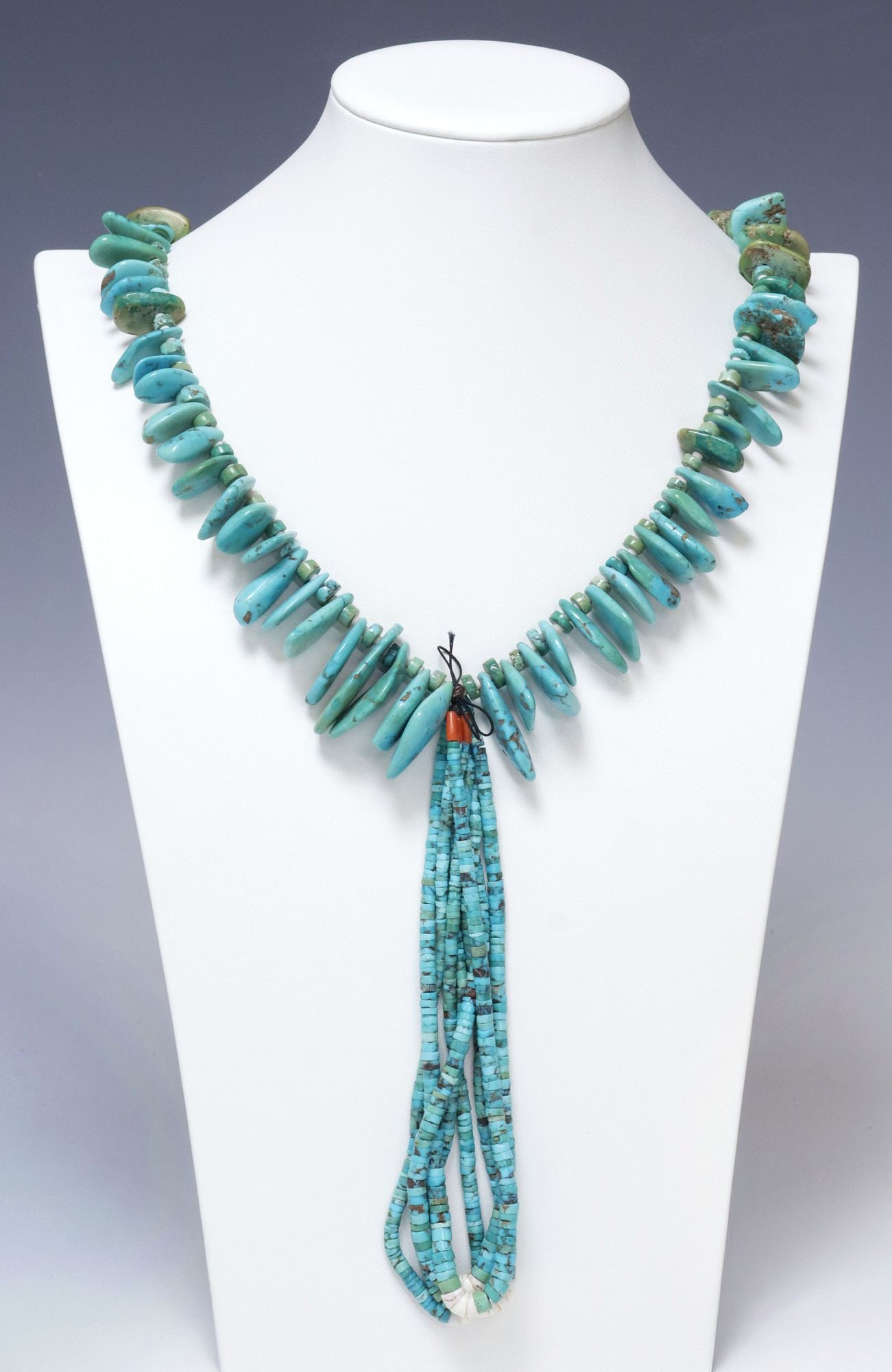 NATIVE AMERICAN PUEBLO TURQUOISE NUGGET JACLA NECKLACE: Native American Pueblo beaded necklace, graduated turquoise nuggets, interspersed with disc-form turquoise and heishi beads, ending in tied cord, Jocla pendant having tapered turquoise and shell heish