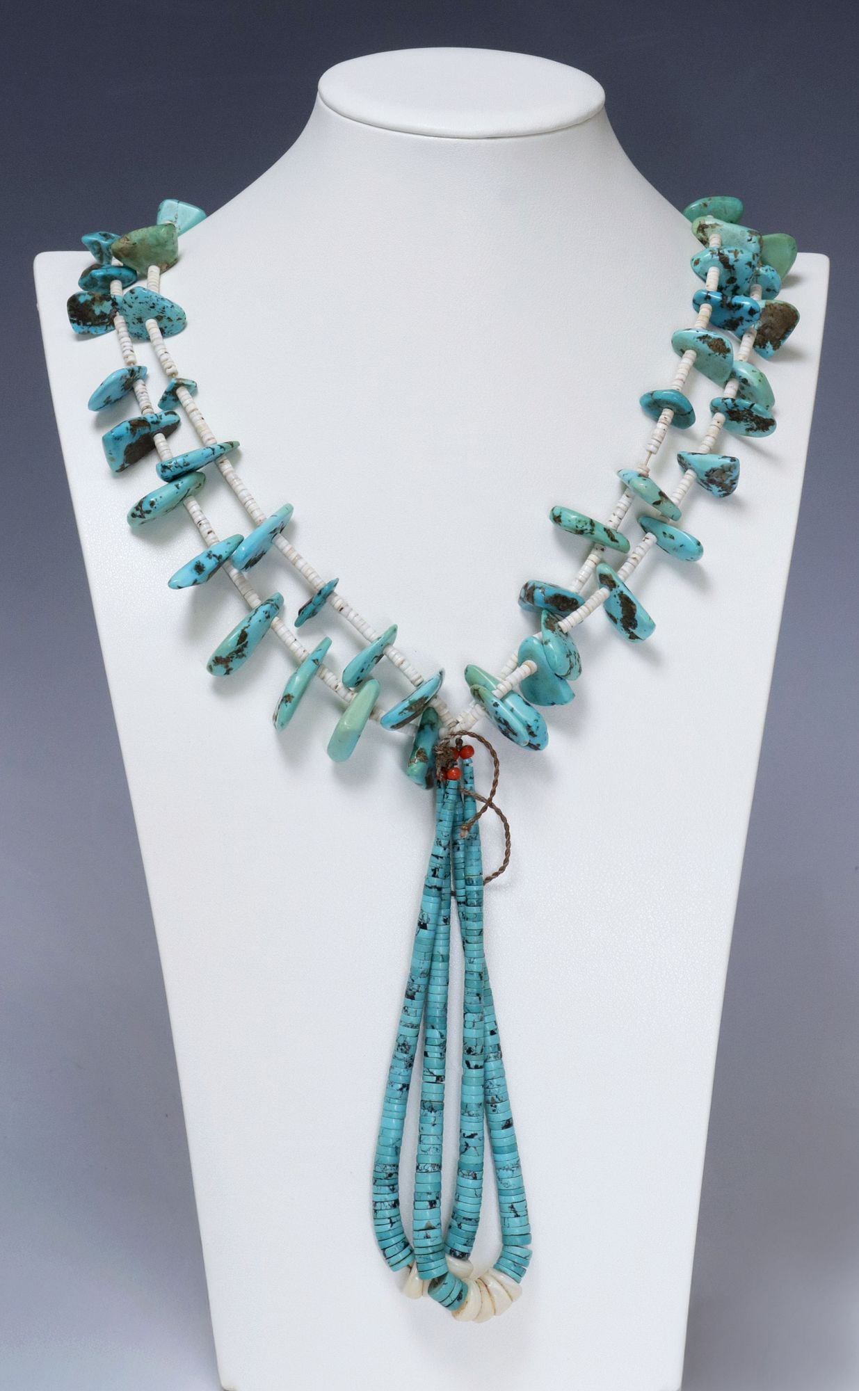 NATIVE AMERICAN PUEBLO 2-STRAND TURQUOISE NUGGET JACLA NECKLACE: Native American Pueblo beaded Jocla necklace, double-stranded necklace, with graduated turquoise nuggets, interspersed with heishi beads, tied cord at neck, Jocla pendant having turquoise and shell he