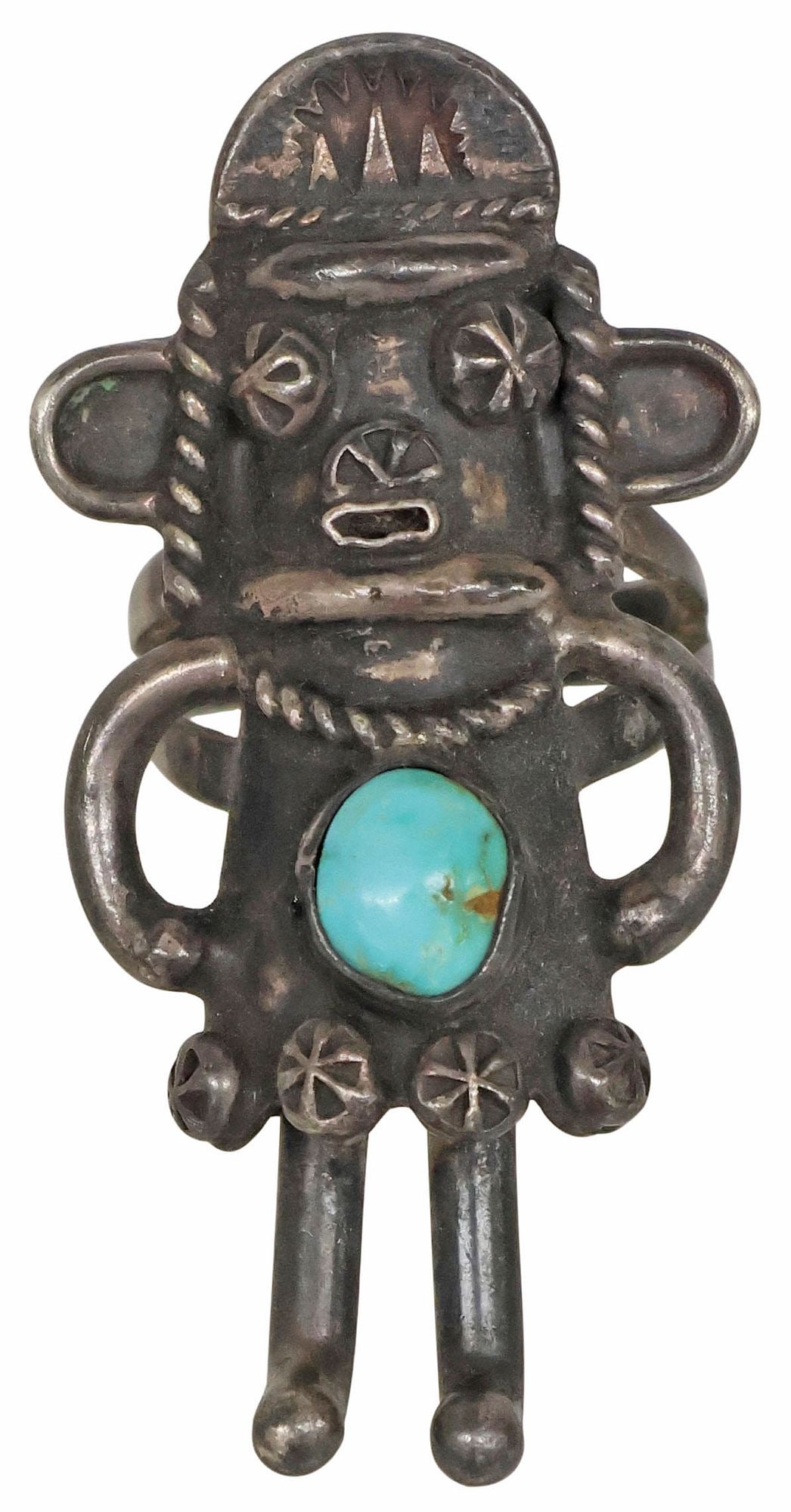 SIGNED NATIVE AMERICAN SILVER & TURQUOISE FIGURAL KACHINA RING: Native American silver (content unknown) figural kachina ring, modeled as a Kachina/ Katsina doll with twisted rope accents, central bezel-set turquoise cabochon, signed A. DR with arrow picto mark, p