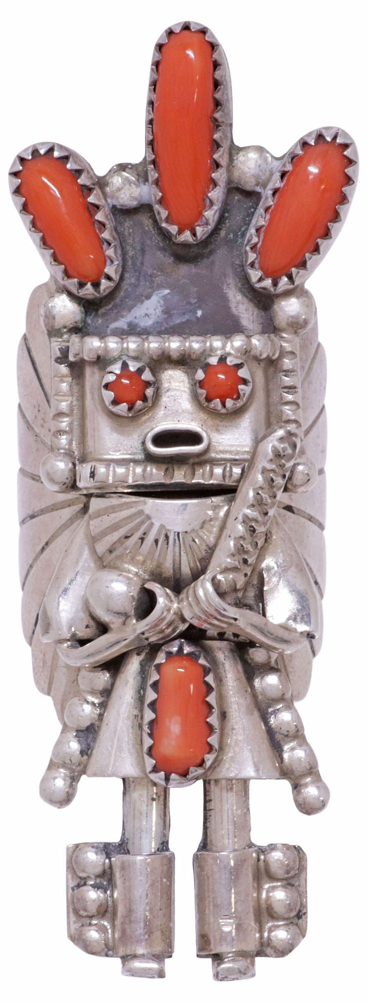 SIGNED D. SMALLCANYON NATIVE AMERICAN SILVER & RED CORAL FIGURAL KACHINA RING: Native American silver (content unknown) ring, signed D. Smallcanyon (likely Doris Smallcanyon, Navajo/ Dine, b. 1949), Corn Maiden Kachina plaque with bezel-set red coral cabochon accents, plaque: ap